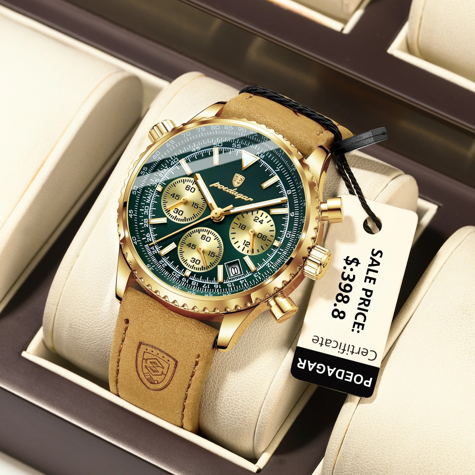 POEDAGAR Luxury Men Quartz Watch Waterproof Chronograph Leather Best Gift