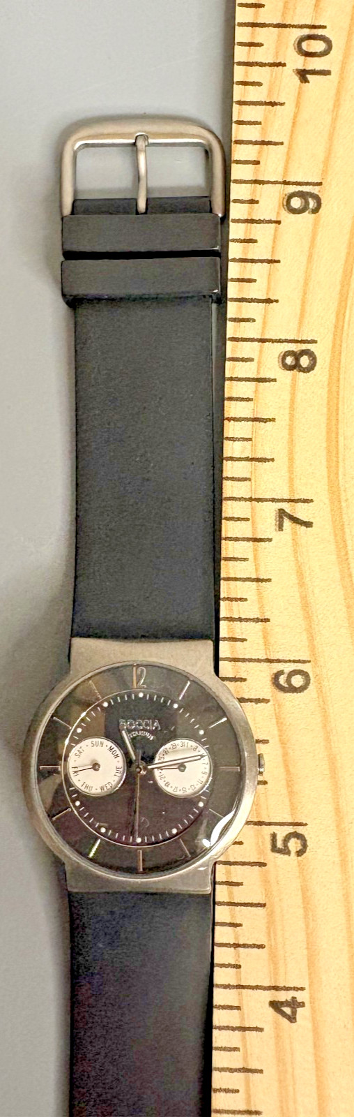 Boccia Titanium Day Date Mens Watch Black Dial Japan Quartz New Leather Band