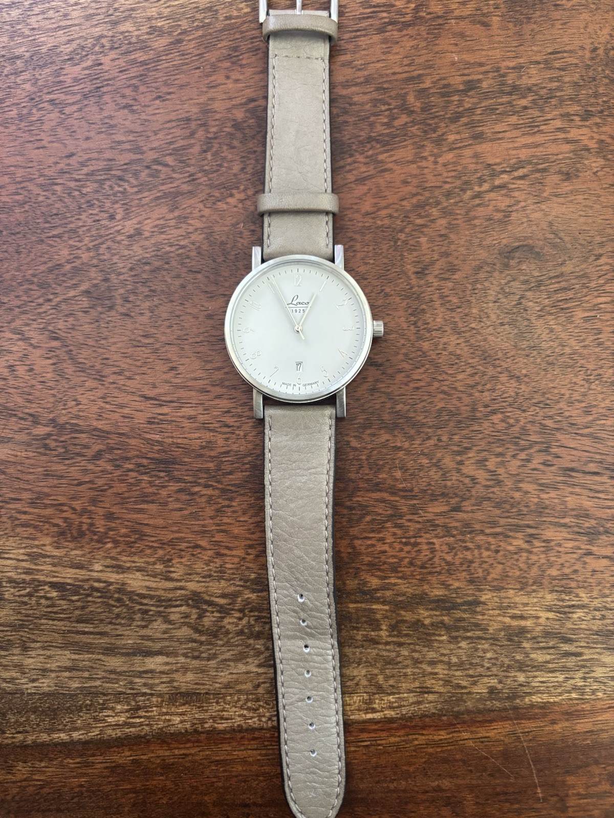 Laco Cottbus 40 Automatic 40mm Silver Dial Beige Leather Strap 50m Box Papers
