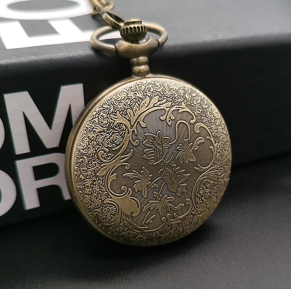 Vintage Bronze Steam Train Mens Quartz Gift Pocket Watch with Chain