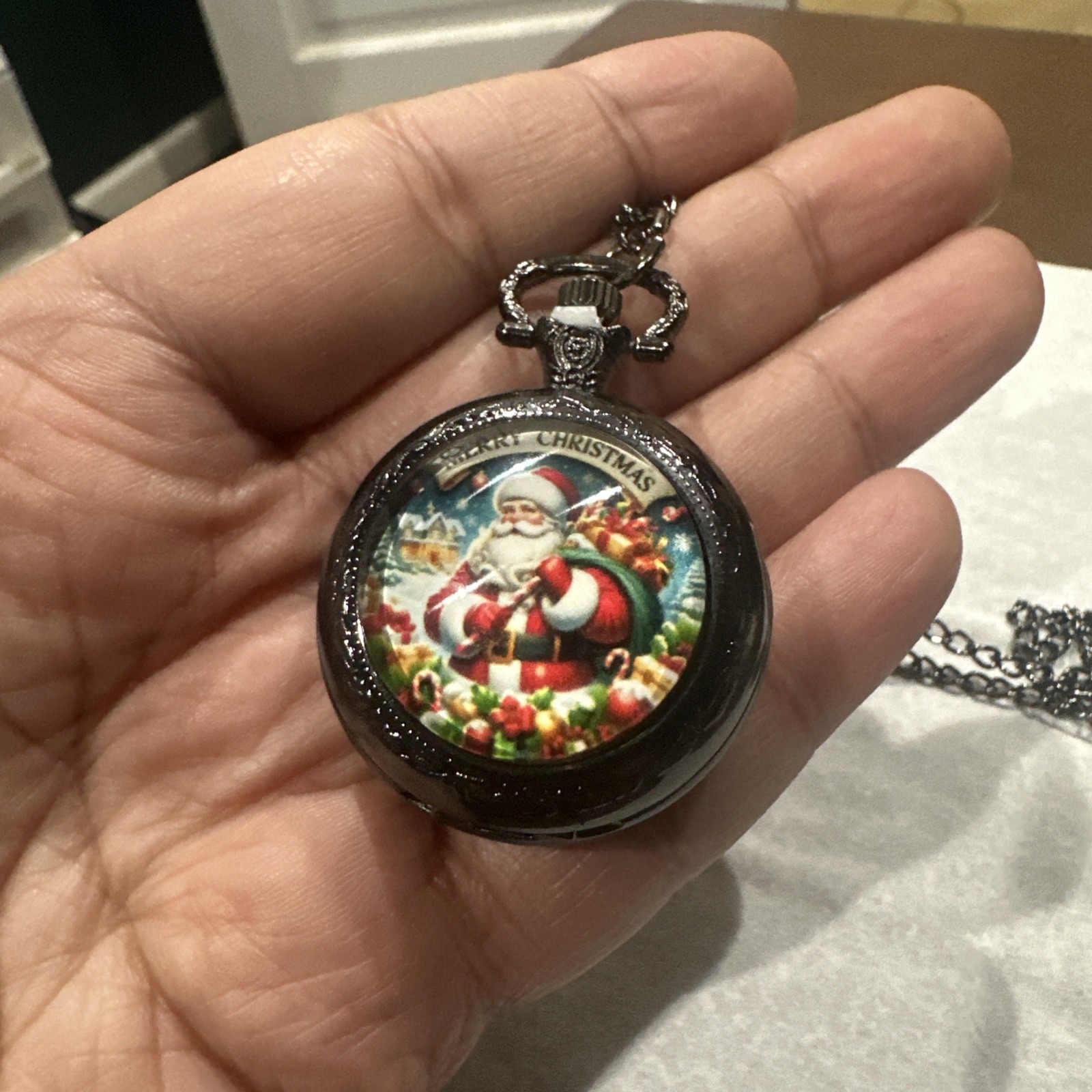 New Santa Claus Pocket Watch Design Black 36mm Quartz Christmas Holiday Gift USA