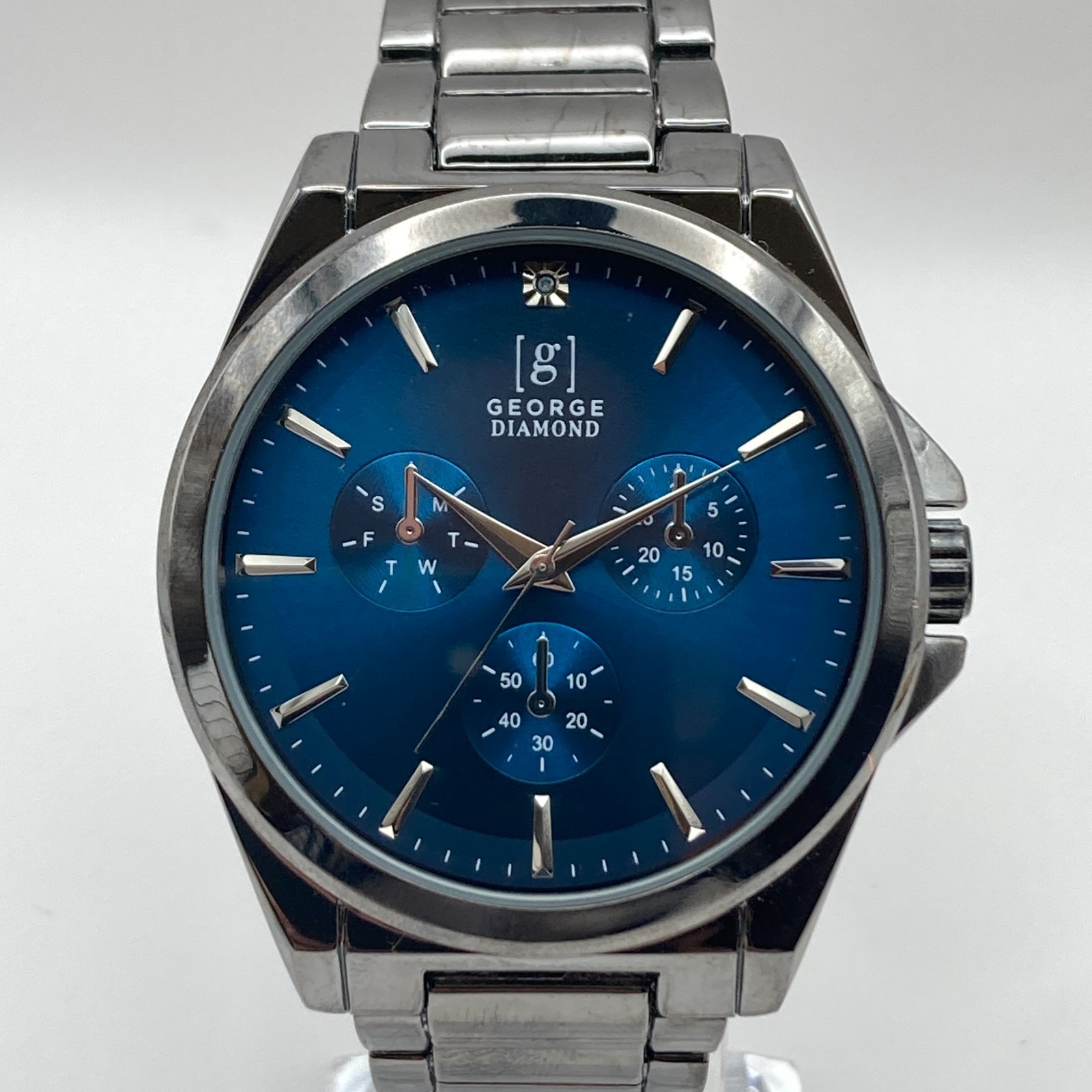 George Mens Watch 43mm Gunmetal Gray Blue Dial New Battery 8.25″