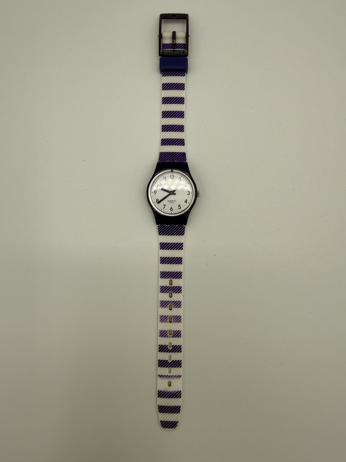 Swatch Gent Purple Trucks IP21 Purple White Stripe Strap Watch Papers 2013 Runs