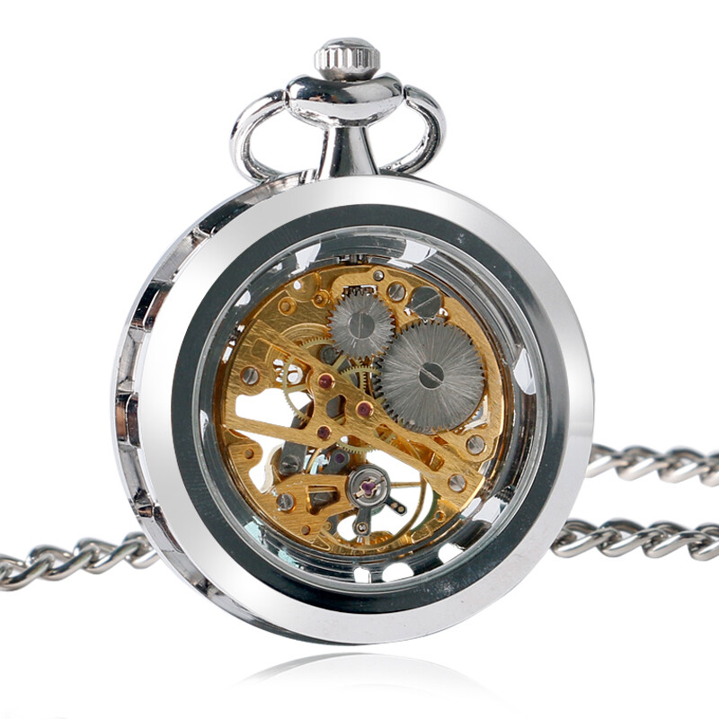 Mens Skeleton Pocket Watch Mechanical Silver Wind Up Fob Watch with Chain Luxury