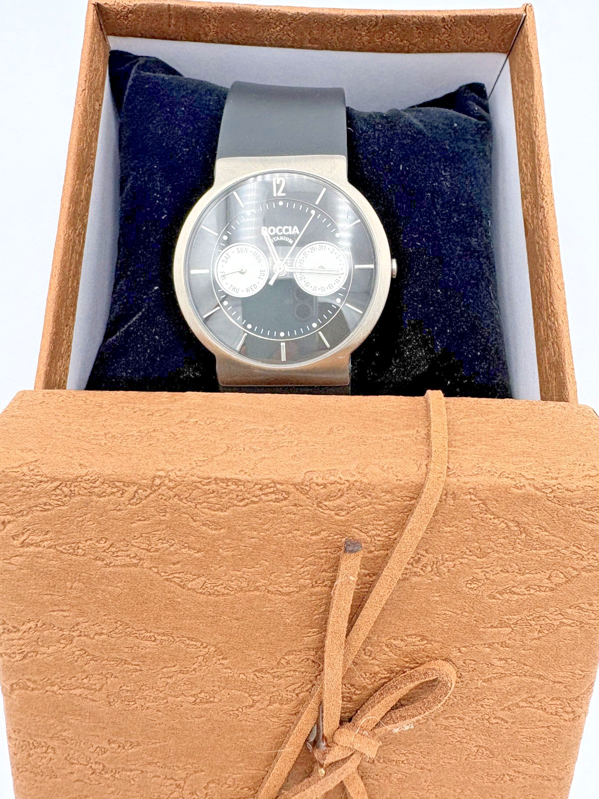 Boccia Titanium Day Date Mens Watch Black Dial Japan Quartz New Leather Band