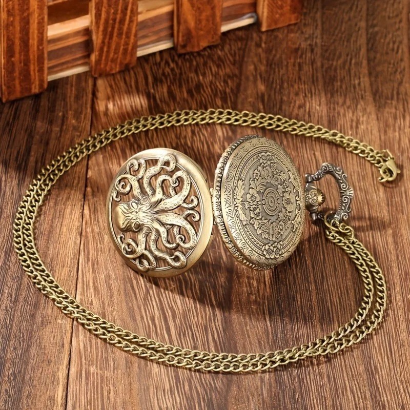 Vintage Octopus Pocket Watch Quartz Necklace Chain Steampunk Gift Men Wom