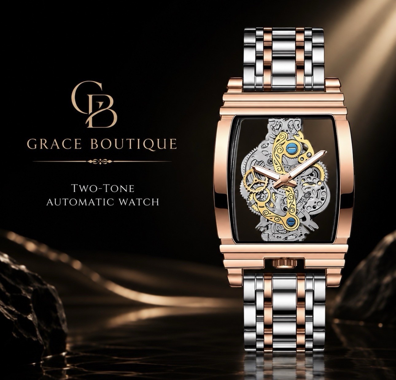 Grace Boutique Rose Gold Skeleton Dial Quartz Watch Two-Tone Bracelet 30m