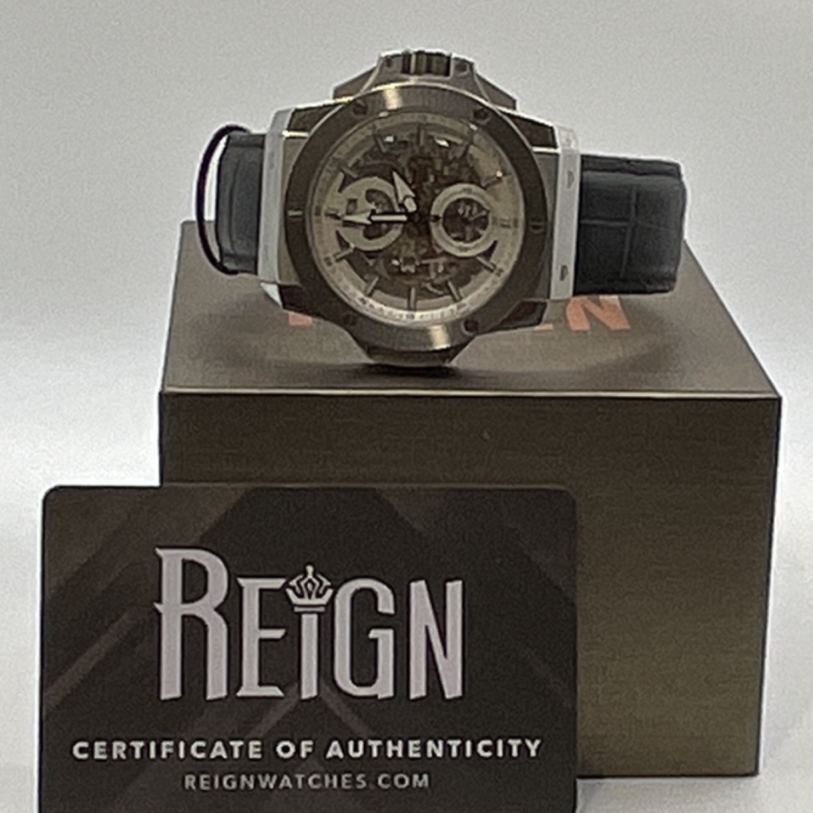 Reign Men’s Automatic Skeleton Dial Silver Tone Black leather Strap
