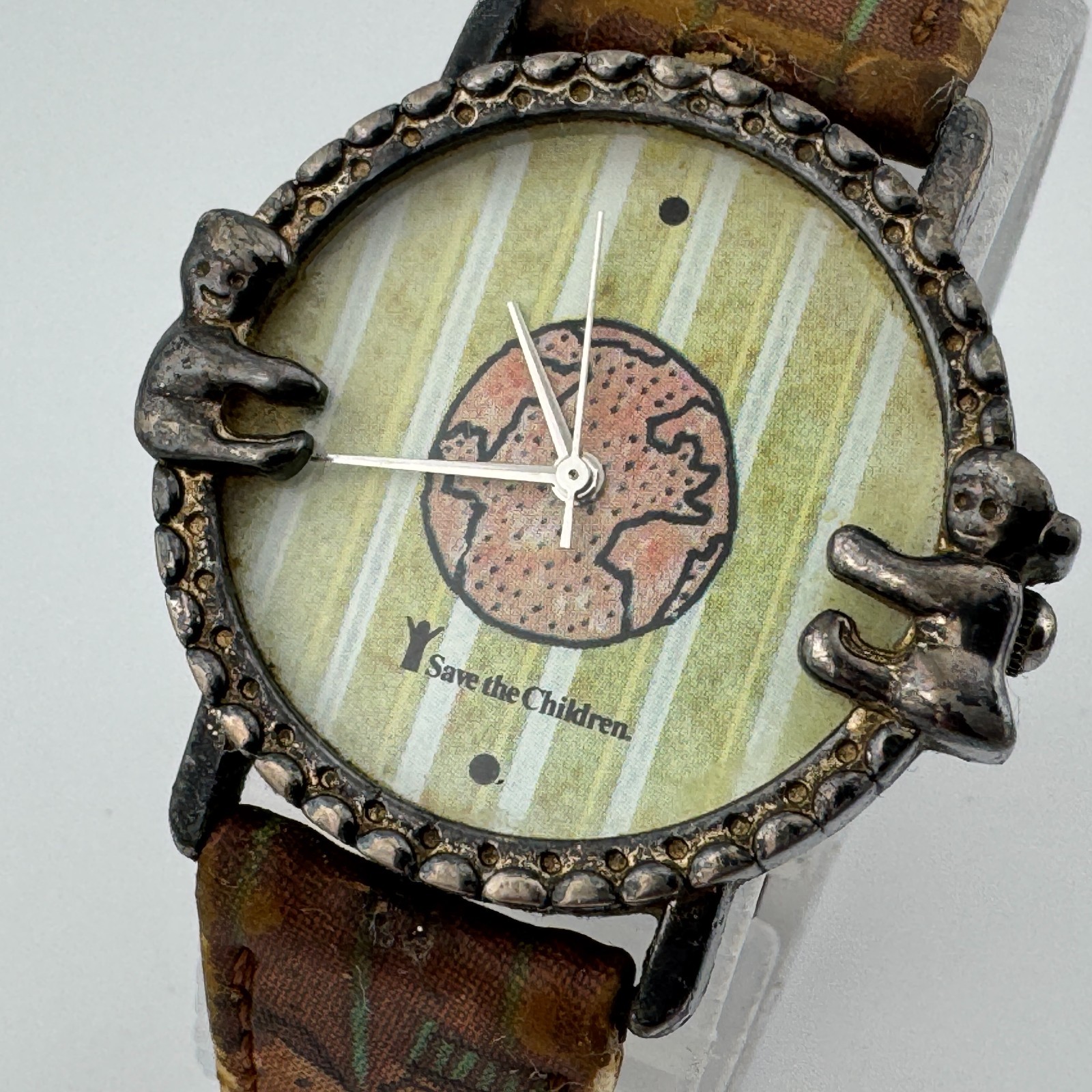VTG Save the Children Quartz Watch Unisex Silver Ornate Bezel Leather New Batter