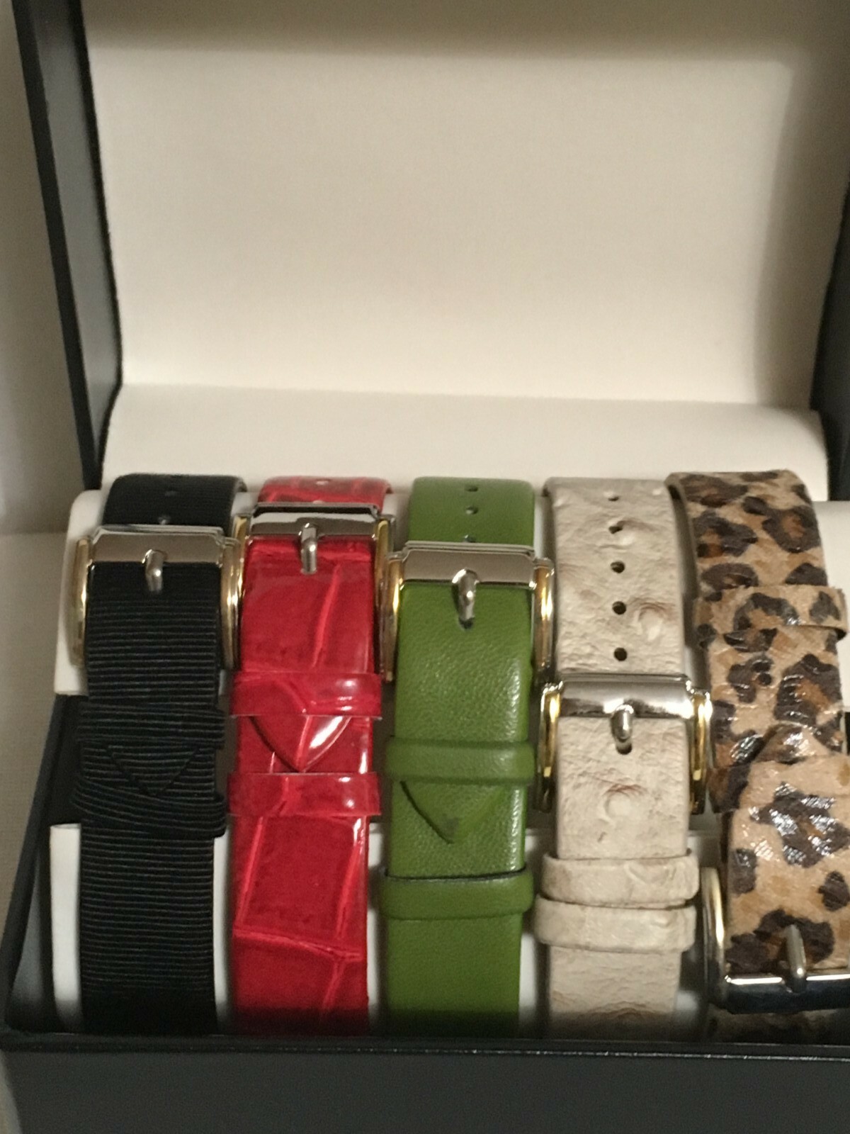 Gossip Watch Set ~ 5 Interchangeable Bands Black Red Green Tan