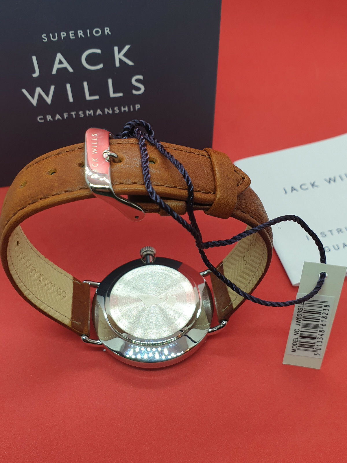 mens jack wills chrome watch with date display 3atm,brown tan strap new in box.