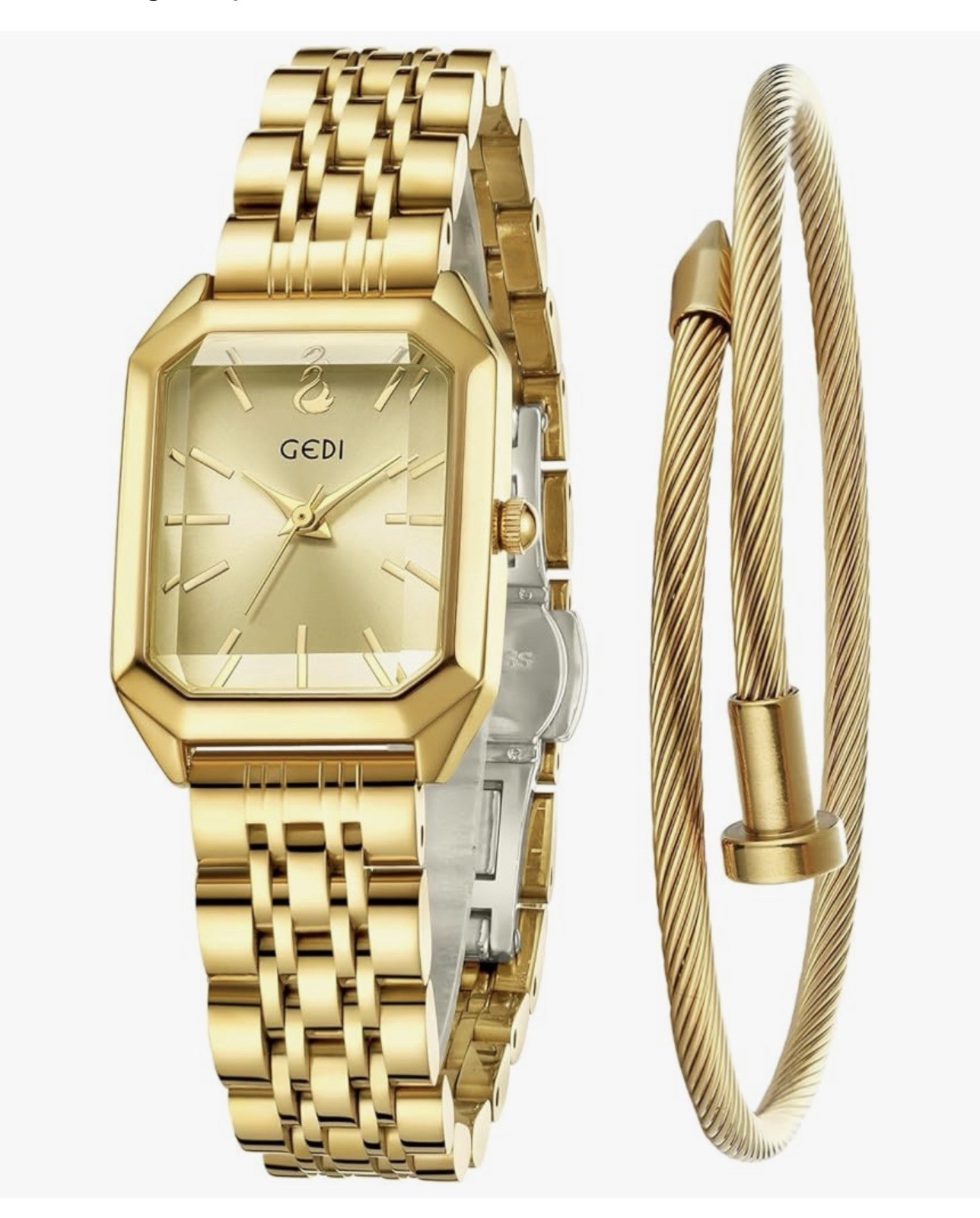 GEDI Bangle Watch & Bracelet Set Simple Square Gold Tone Solid SS Band