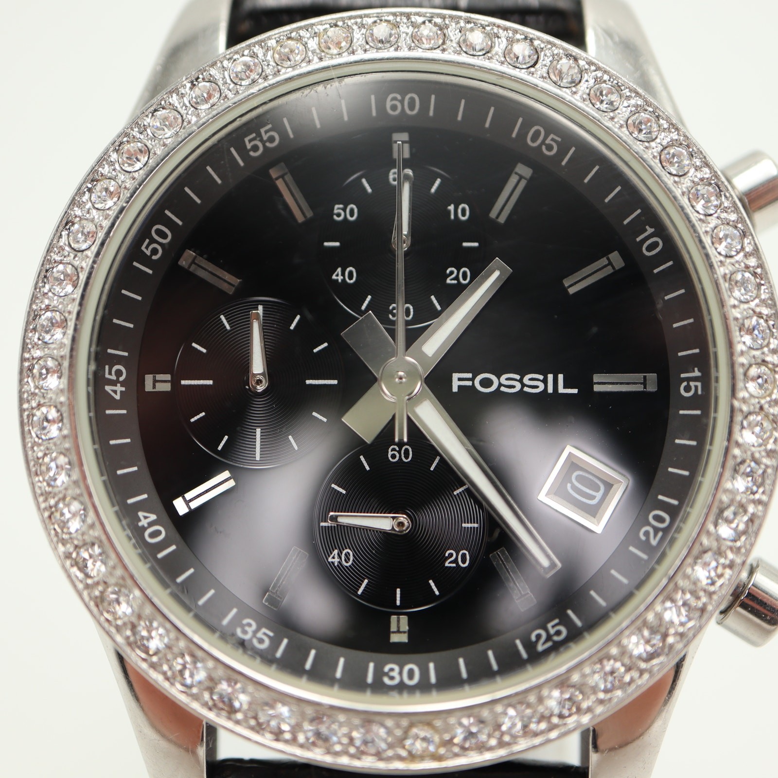 Fossil Arkitekt Chronograph 37mm Watch Black Leather Gem Set ES1648 New Battery