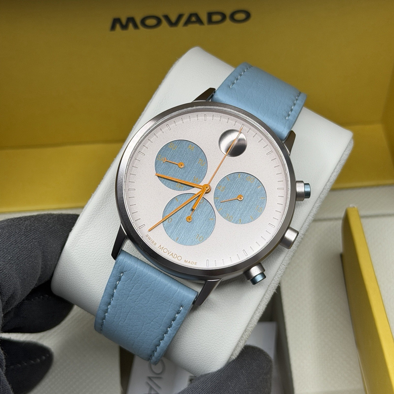 NEW✅SWISS✅ Movado FACE Silver Dial Blue Leather Chrono Aluminum Watch 3640148