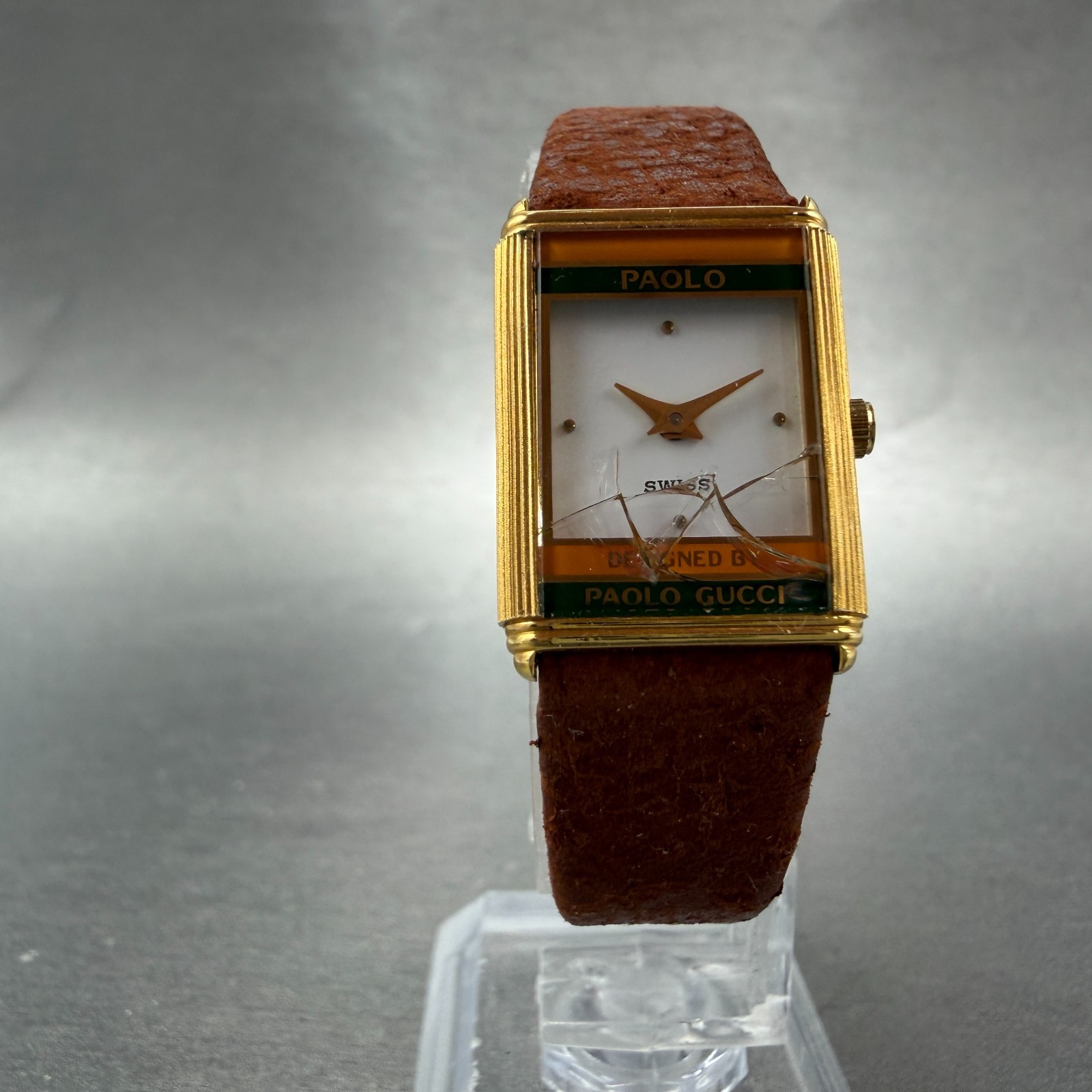 Paolo Gucci Tank Watch Women 18mm White Dial Gold Tone New Battery NOS CRACKED