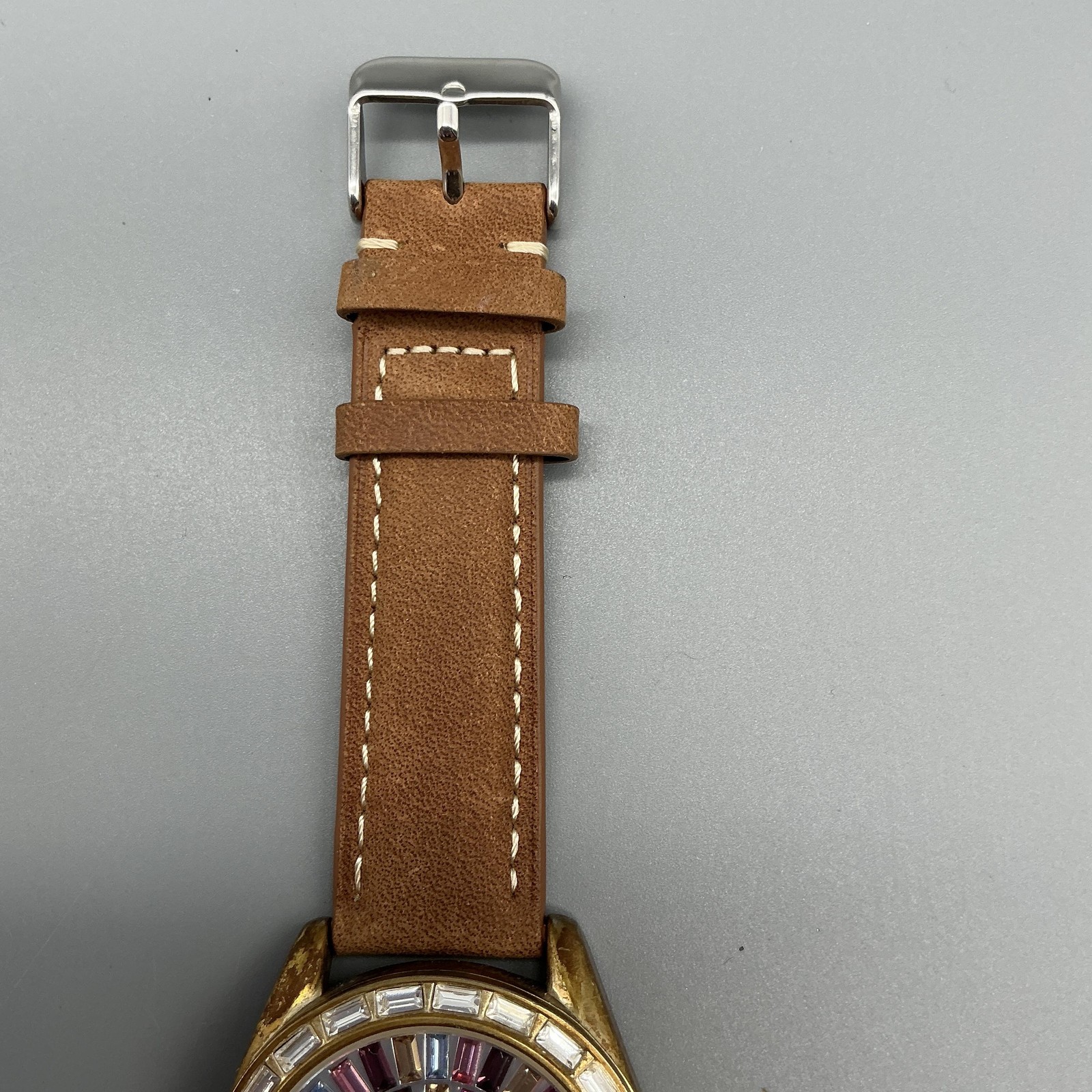 Adrienne Womens Watch 41mm Multicolor Gem Dial Gold Tone Brown Strap New Battery