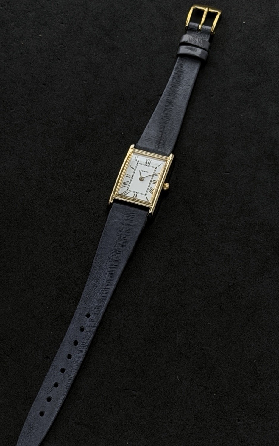 Vtg New 1997 TIMEX Tank Womens 32mm Quartz Watch Gold White Roman Num Gray EEL