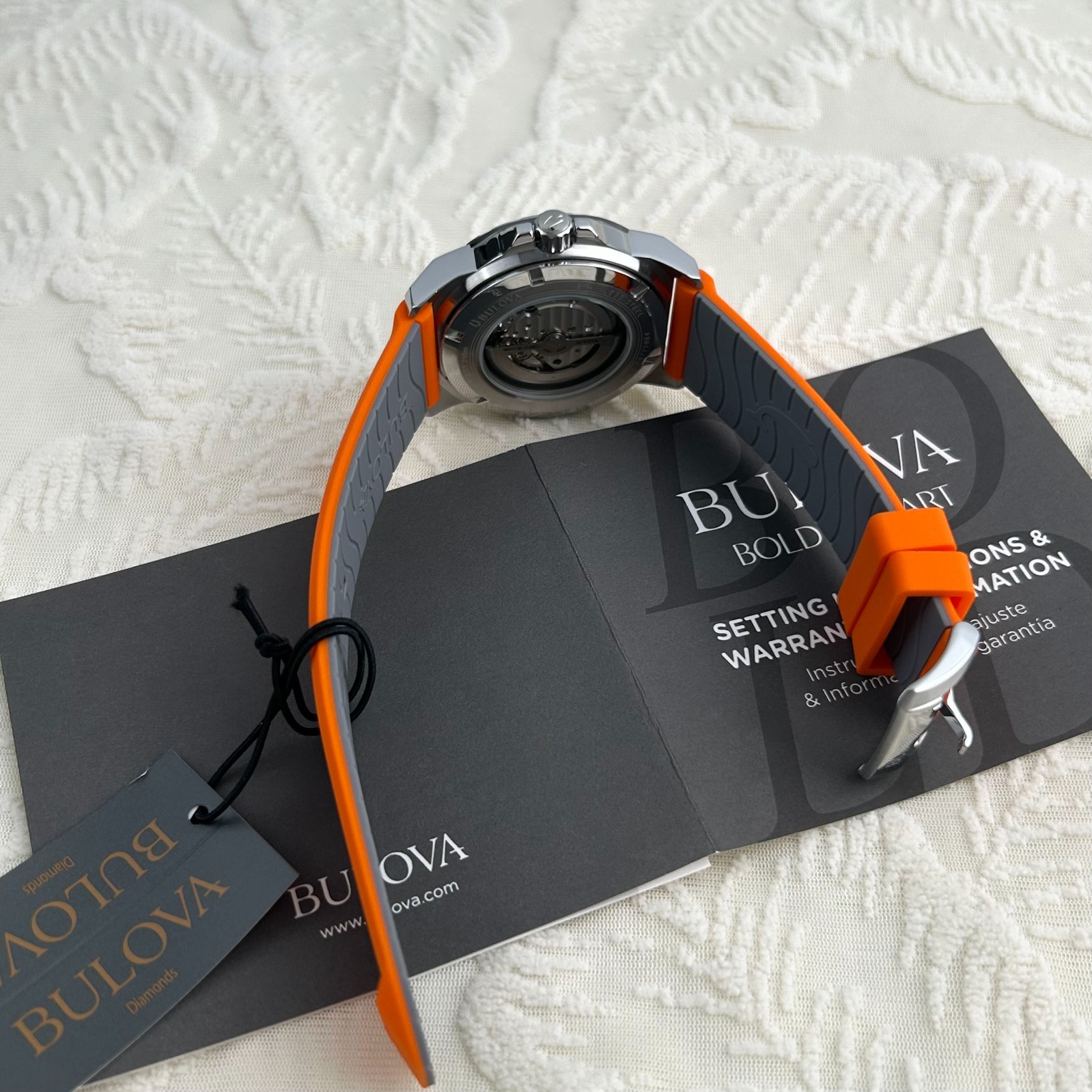 Bulova Marine Star A Automatic Orange Dial Rubber Strap Men 98A226 Watch