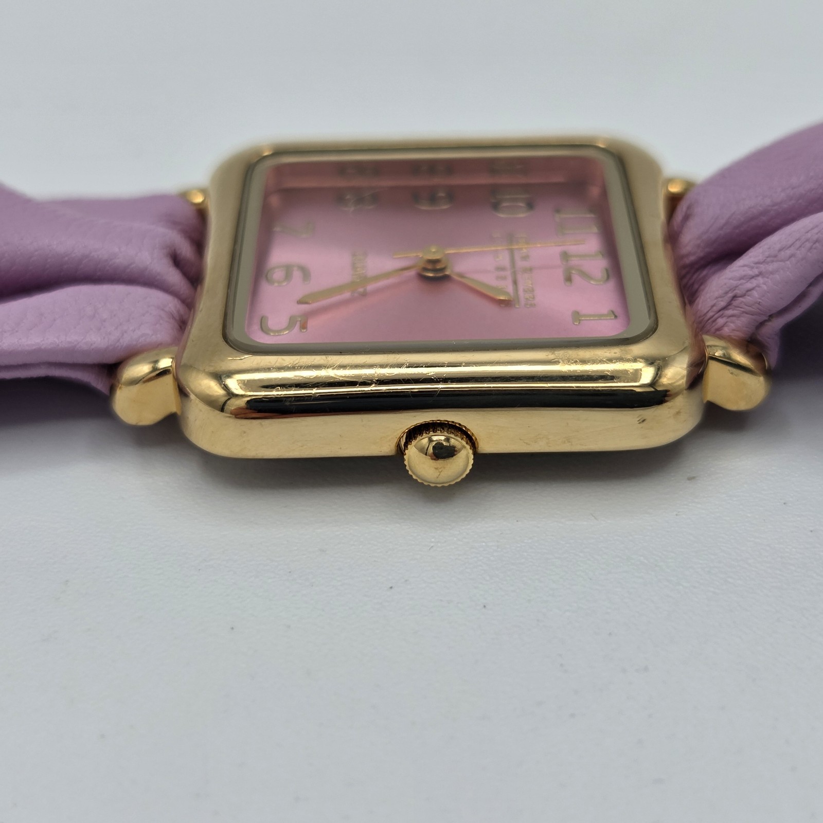 Joan Rivers Classics Watch Square Goldtone Case Pink Dial Purple Leather Band