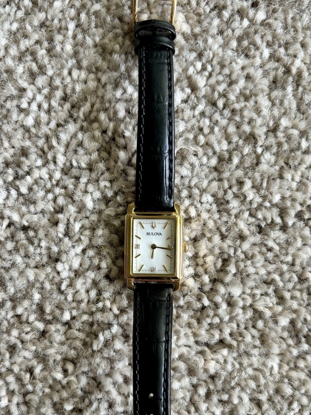 Bulova Gold Sutton Mother-of-Pearl Dial Black Leather Strap Watch 21mm