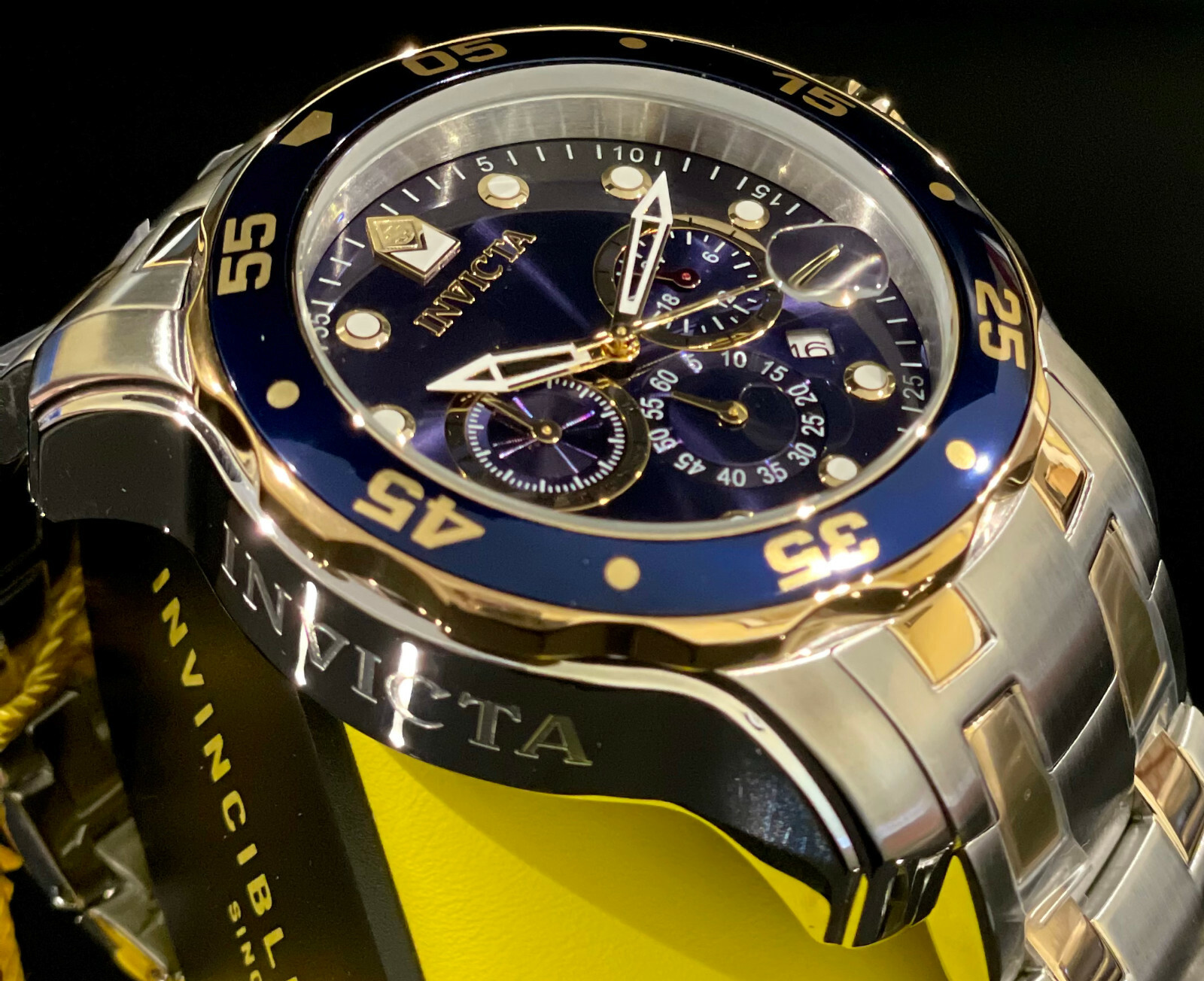 Invicta Men PRO DIVER SCUBA Chronograph Blue Dial 18K Gold Silver SS Watch 0077