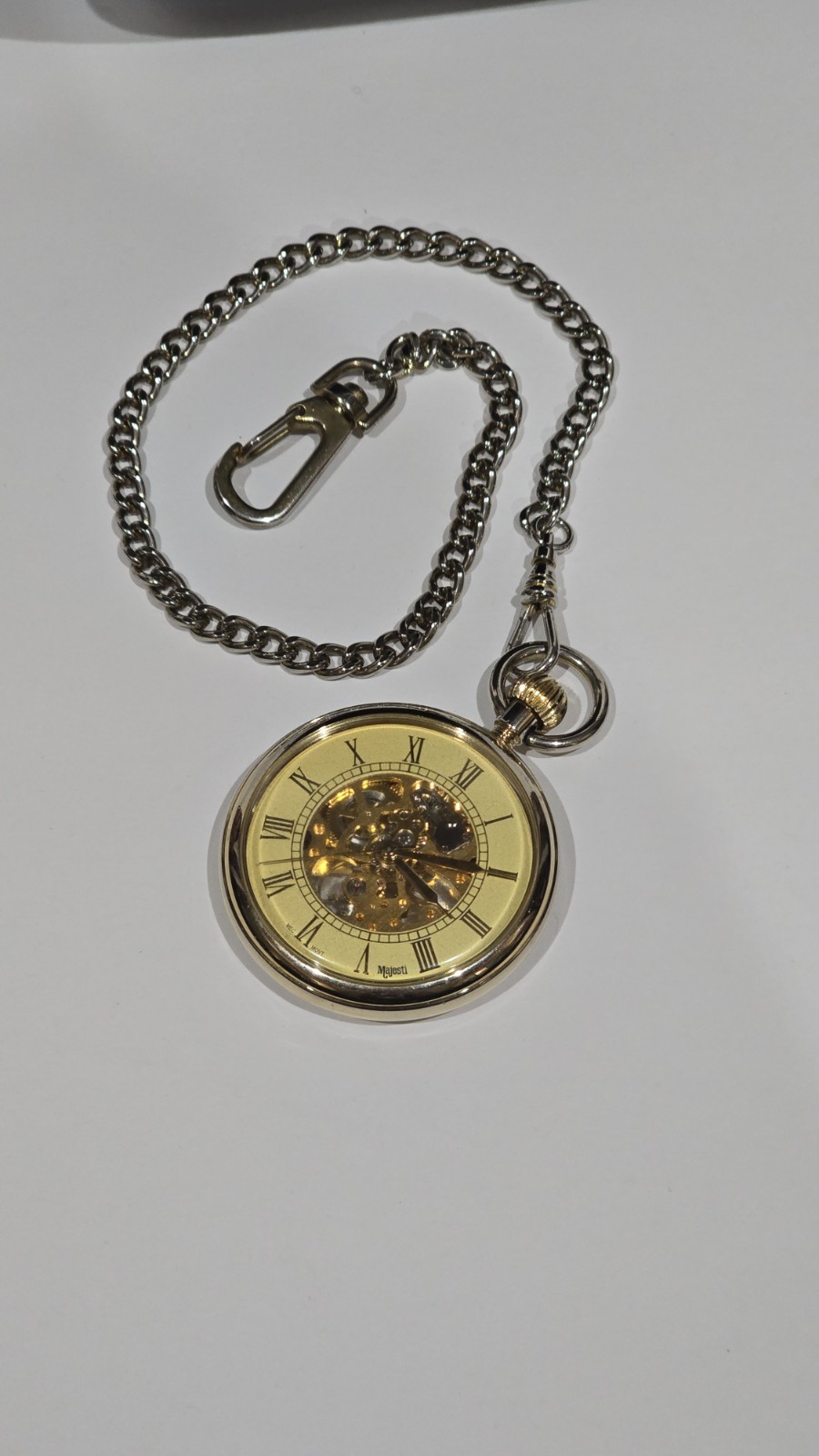 Majesti Open Face Skeleton Pocket Watch Gold Dial Roman Numerals Chain