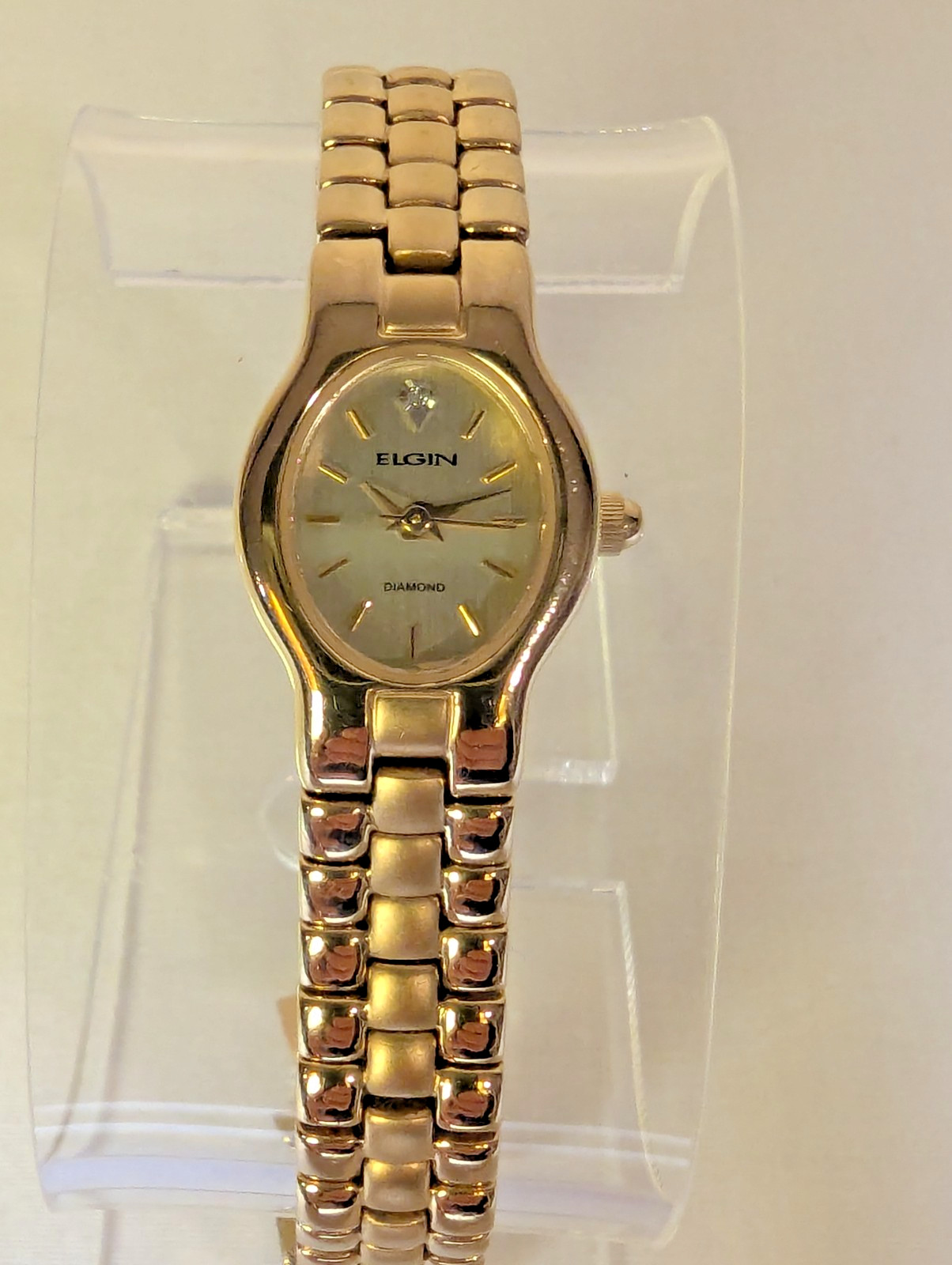 Vintage Elgin Diamond Ladies Watch Gold Tone Brushed and Polished Bracelet