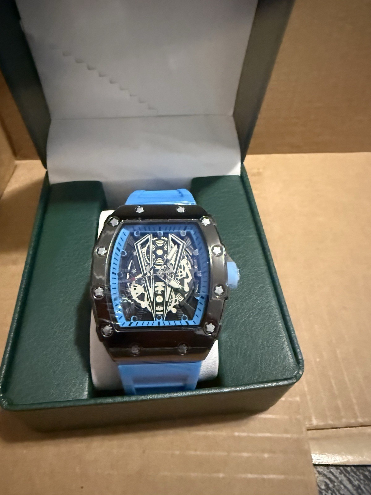 Skeleton Tonneau Analog Wristwatch Black Case Blue Rubber Strap w/ Box