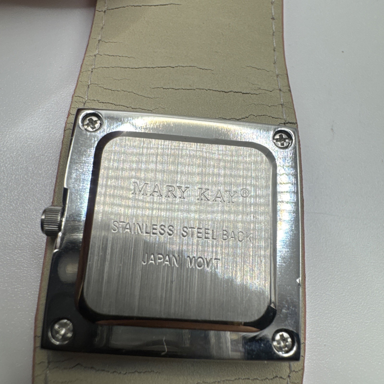 Vintage MARY KAY Pink Wrist Watch Wide Band Snap Closure Pink & White Crystals