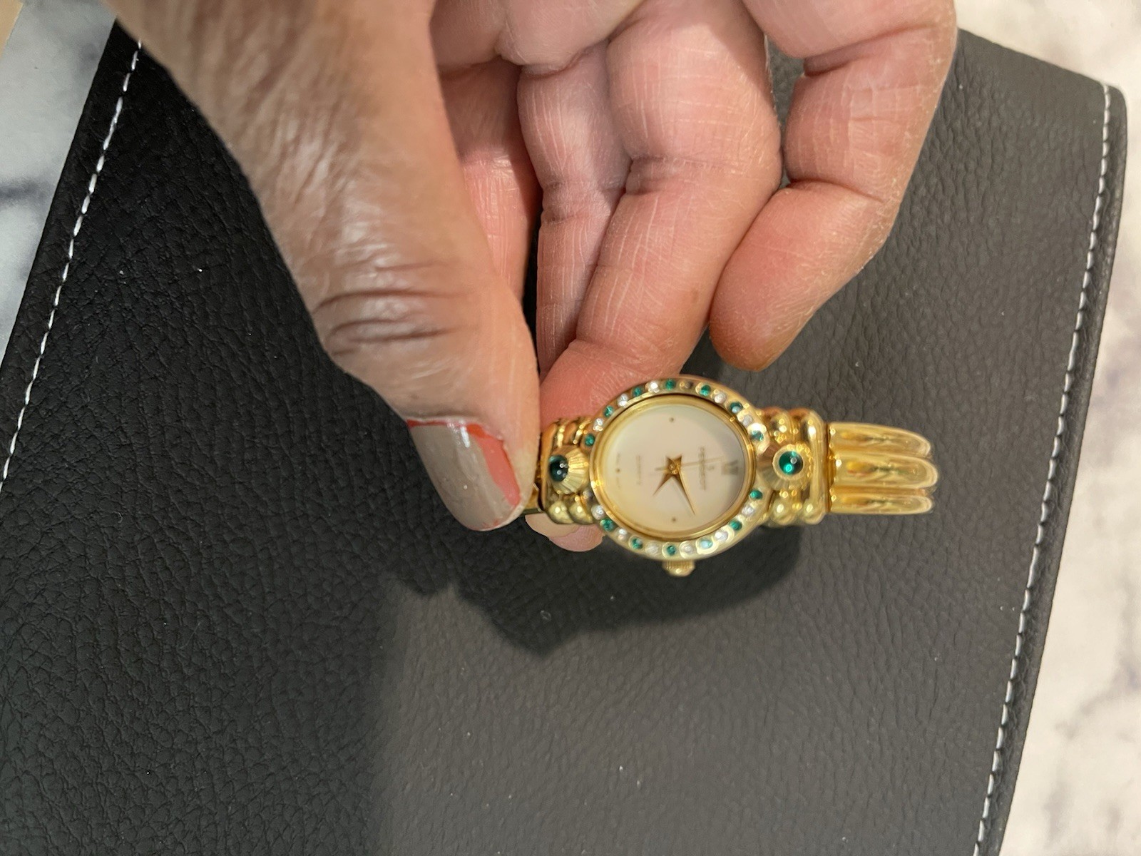 Gold-Tone Gem-Set Bangle Wristwatch with Green Stones & White Dial Analog