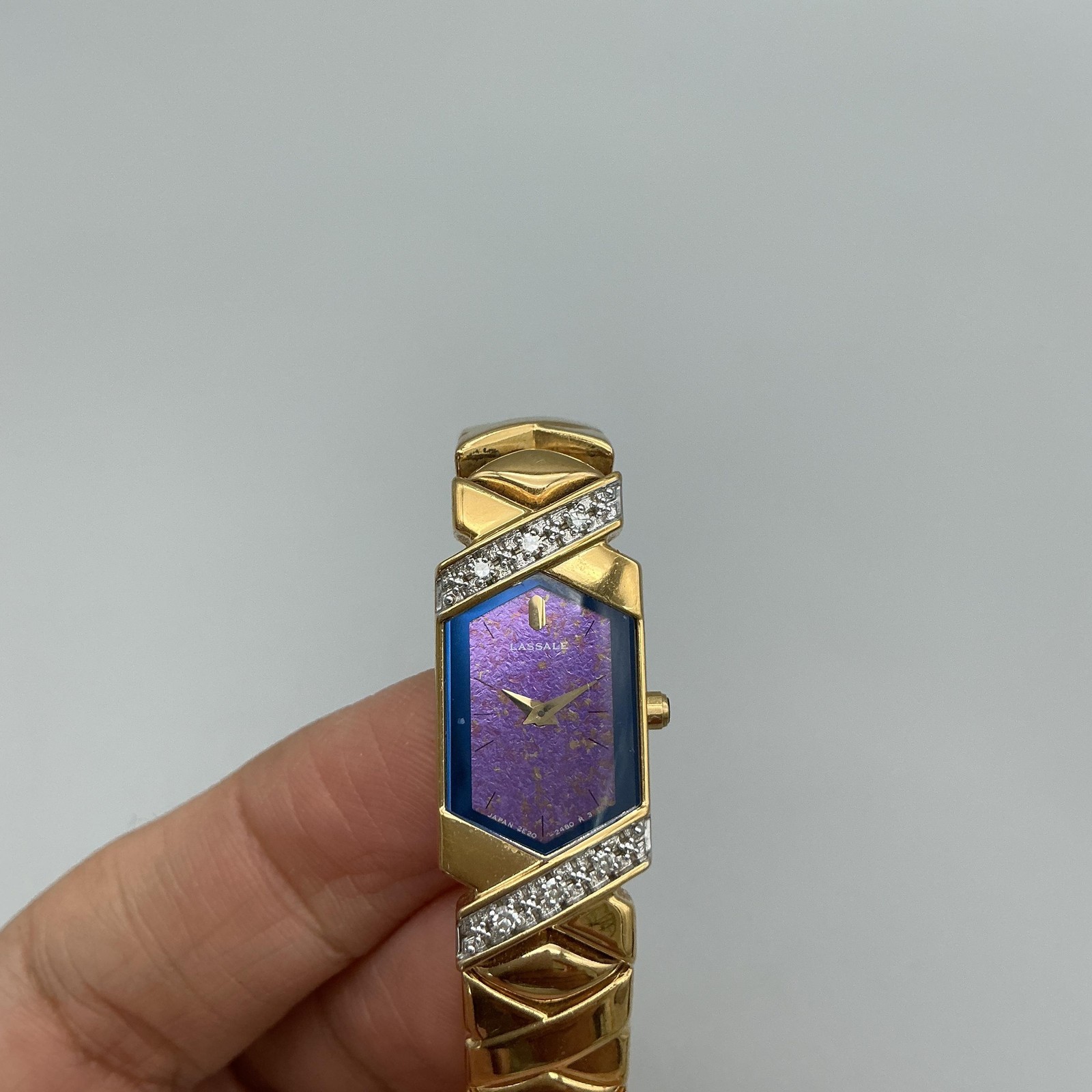 Vintage Lassale Womens Watch 13mm Purple Dial Gold Tone Diamond New Battery 6.5″