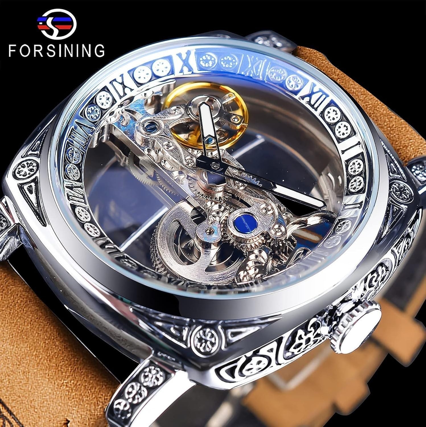 Men’s Luxury Hollow Skeleton Automatic Watch, Vintage Leather Strap Wristwatch
