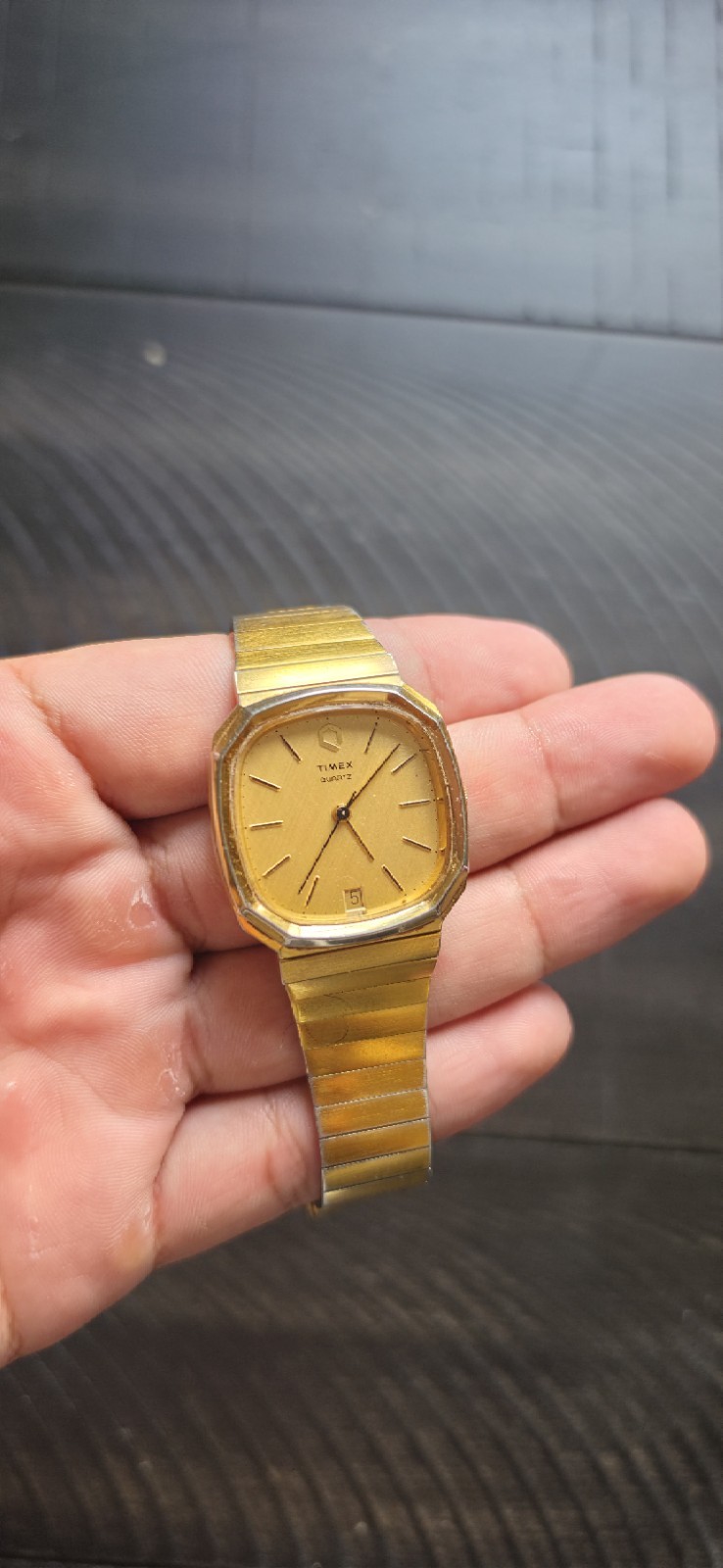 Timex Quartz Date Square Analog Dress Watch Two-Tone Gold Dial 18mm