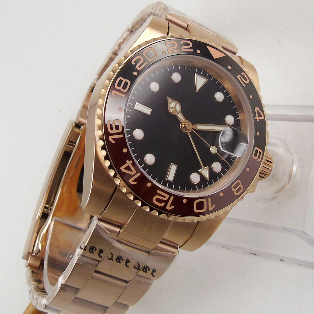 Bliger Sterile Dial Rose Gold Automatic Watch Case GMT Brush Strap Slope Insert