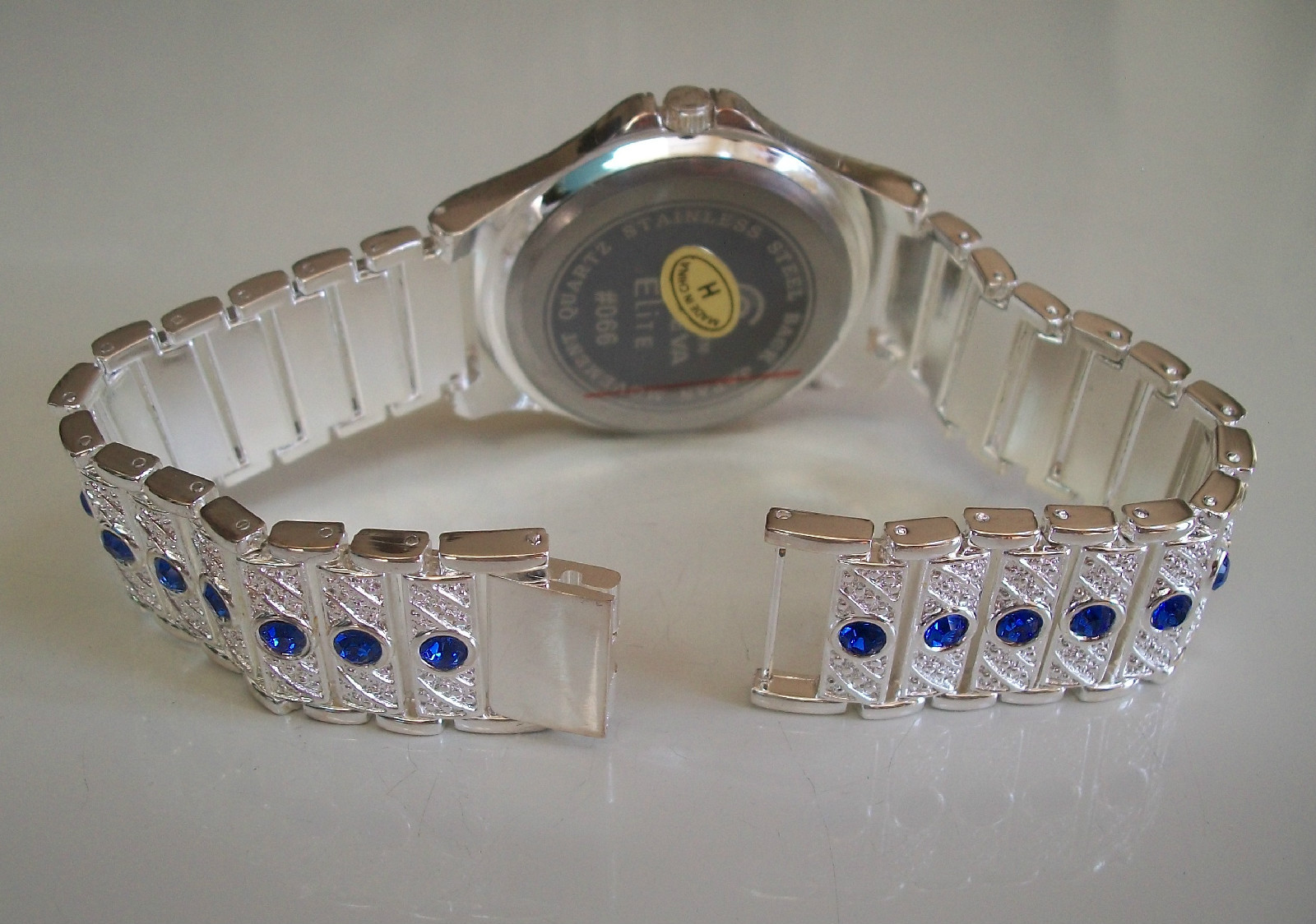 Men’s blue & clear bling silver finish red dial fashion dress up watch