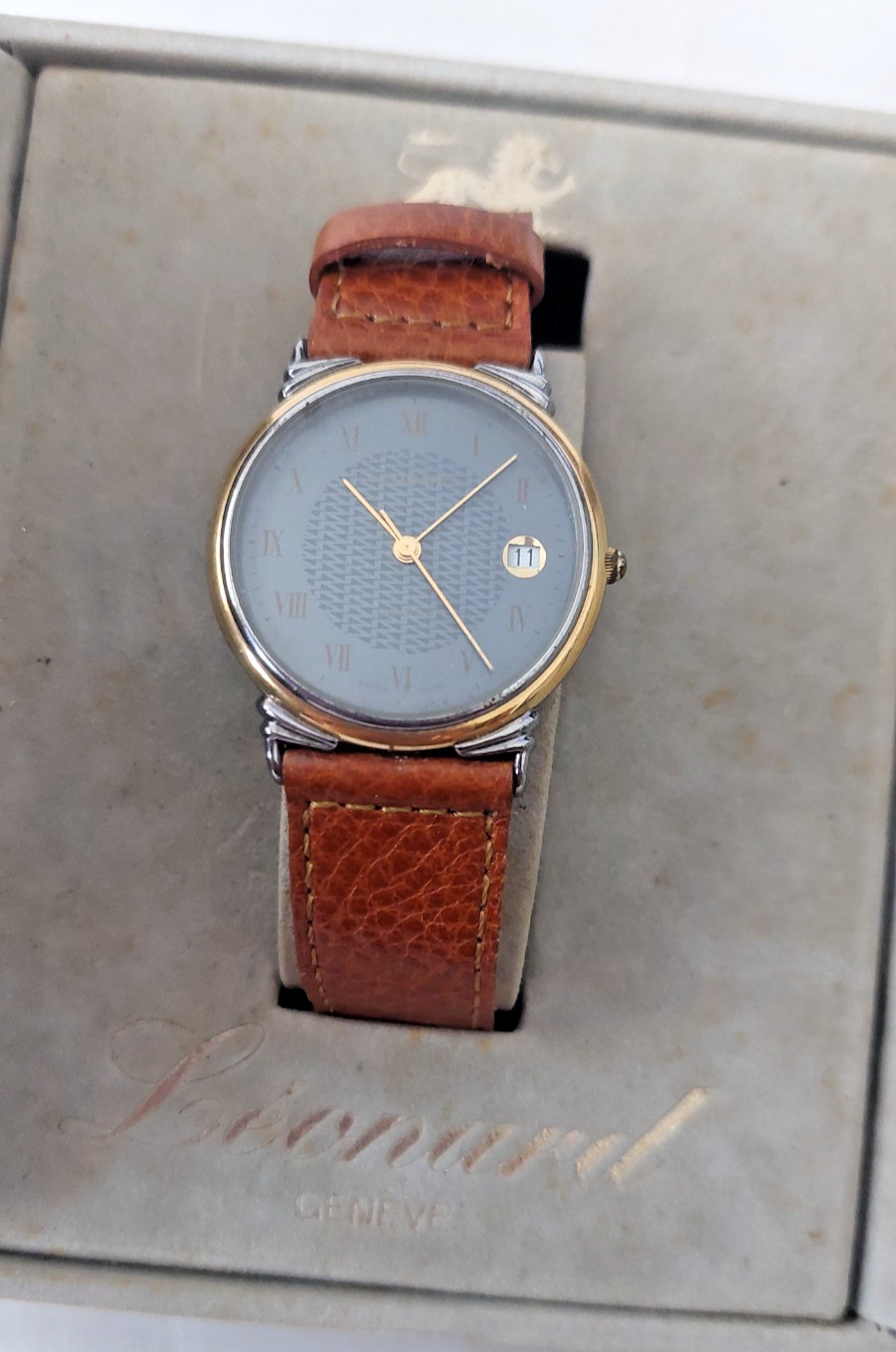 Leonard Geneve Two-tone Gold Plated Bezel, Tapisserie Pattern Dial Watch w/case