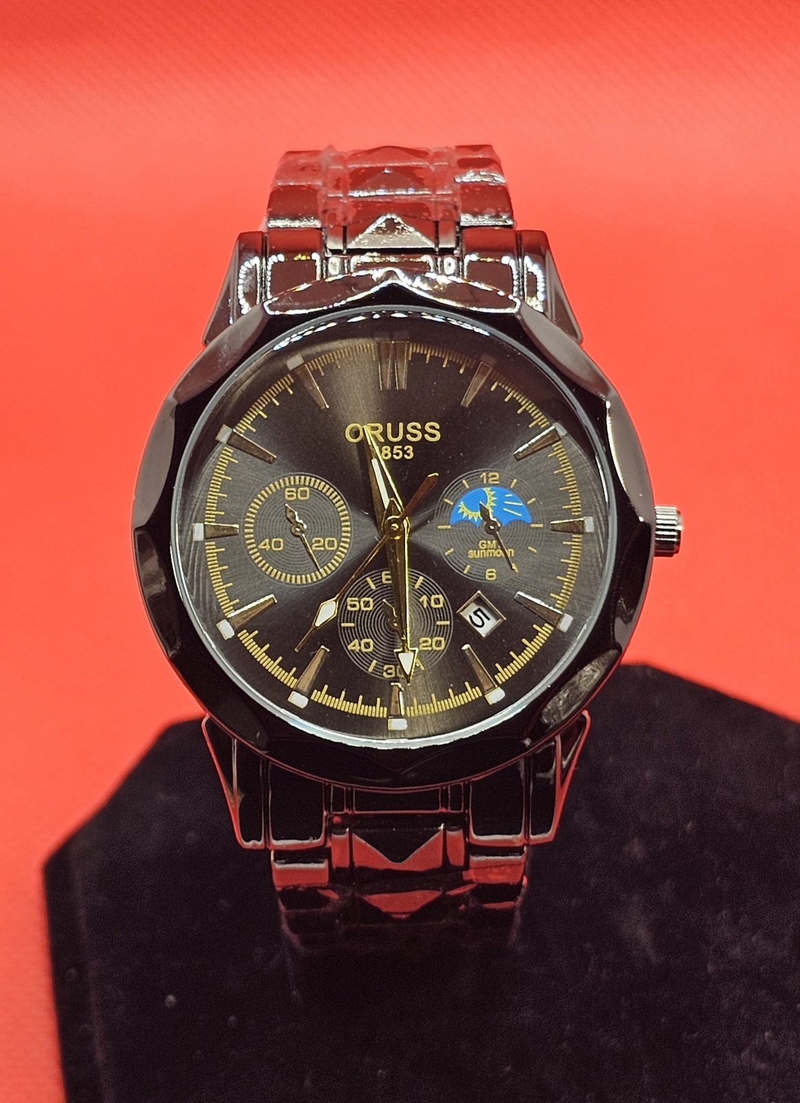 ORUSS 1853 Men’s Black Chronograph Style Watch 42mm Date Display Bracelet