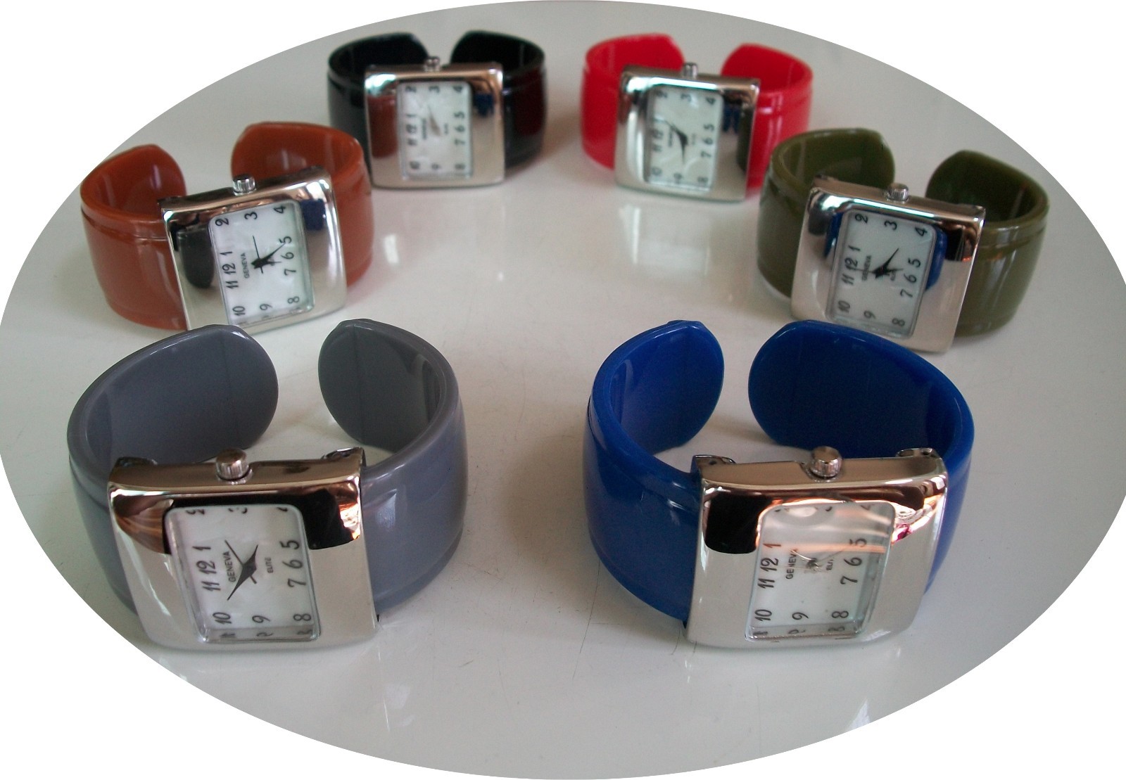 Number Dial Blue, Gray, Black, Red, Brown Plastic Cuff BangleWomen Casual Watch