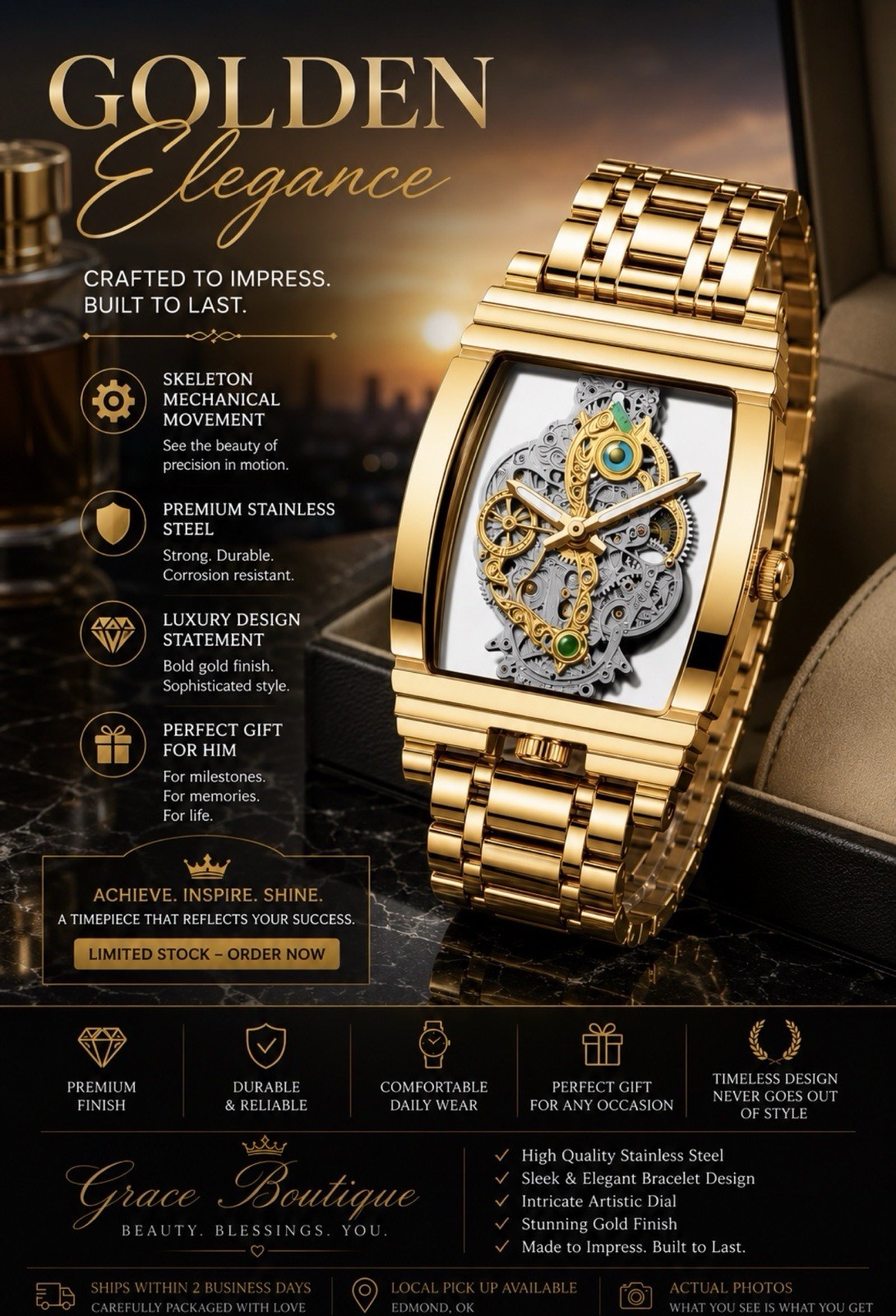 Golden Elegance Skeleton Dial Manual Mechanical Watch Gold Tone Square Bracelet