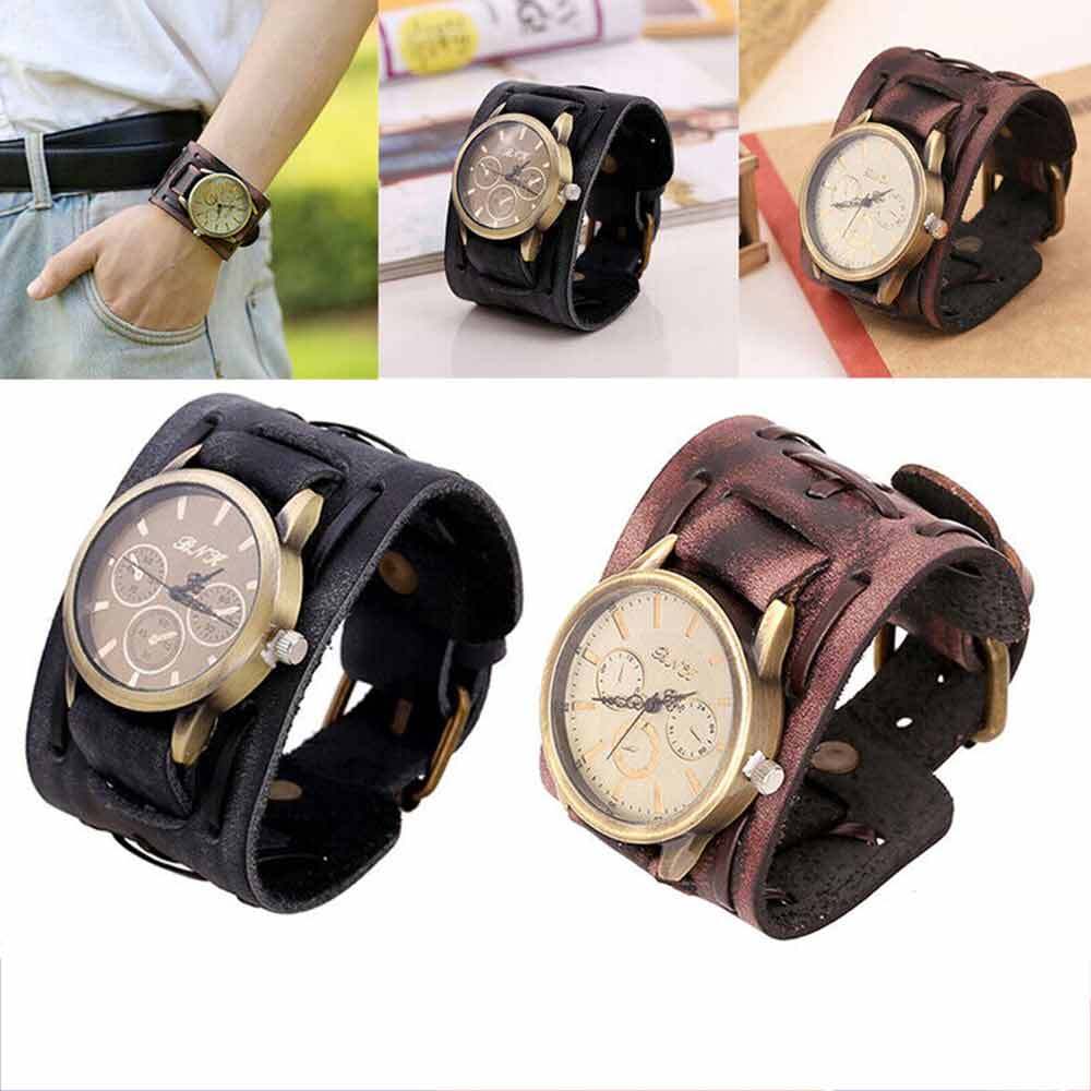 Retro Punk Rock Leather Bracelet Cuff Men Wrist Watch Wide Band Quartz Watch