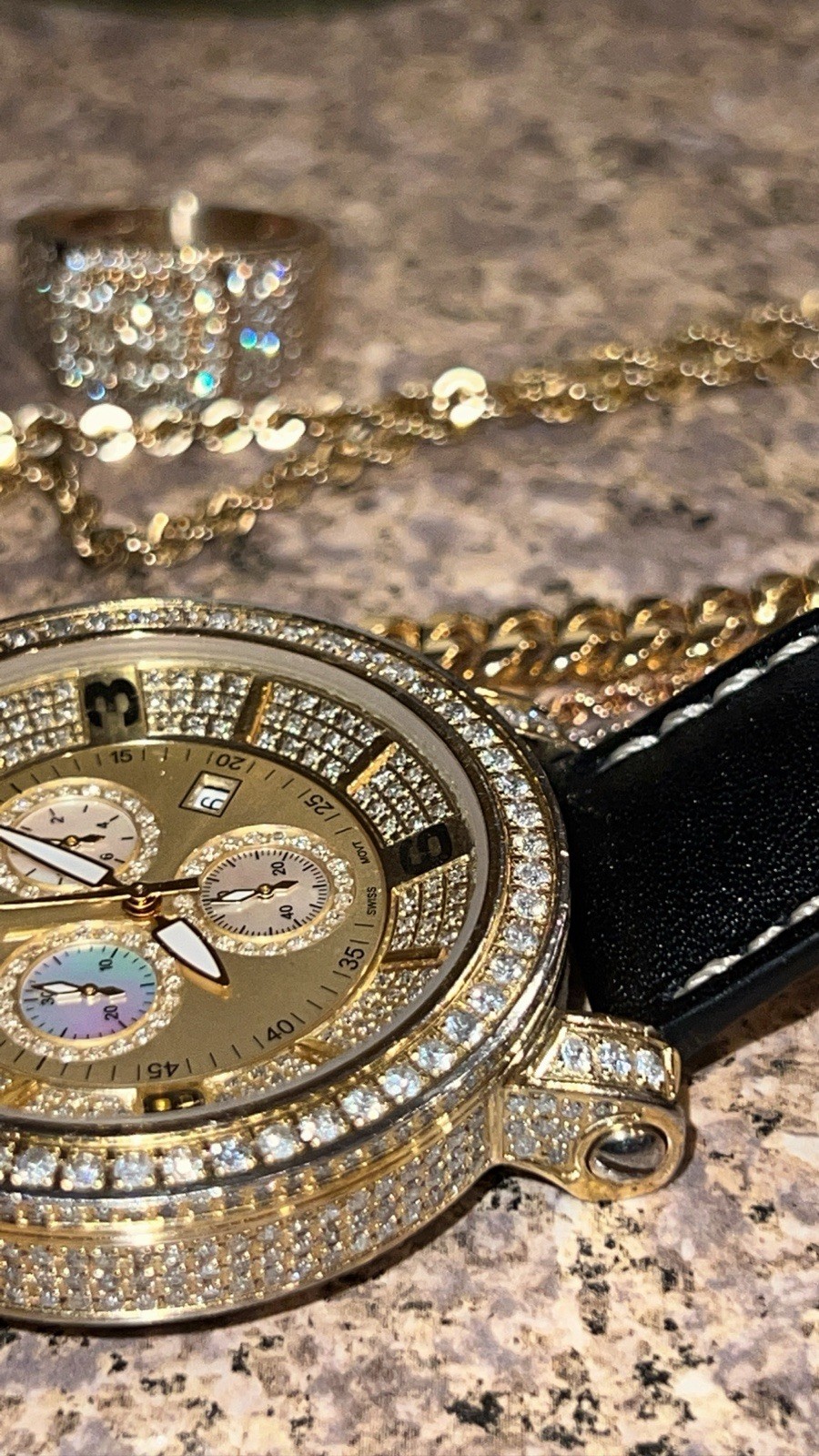 Aqua Master Men’s Quartz Chronograph Date Gold Dial 48mm Black Leather Diamond