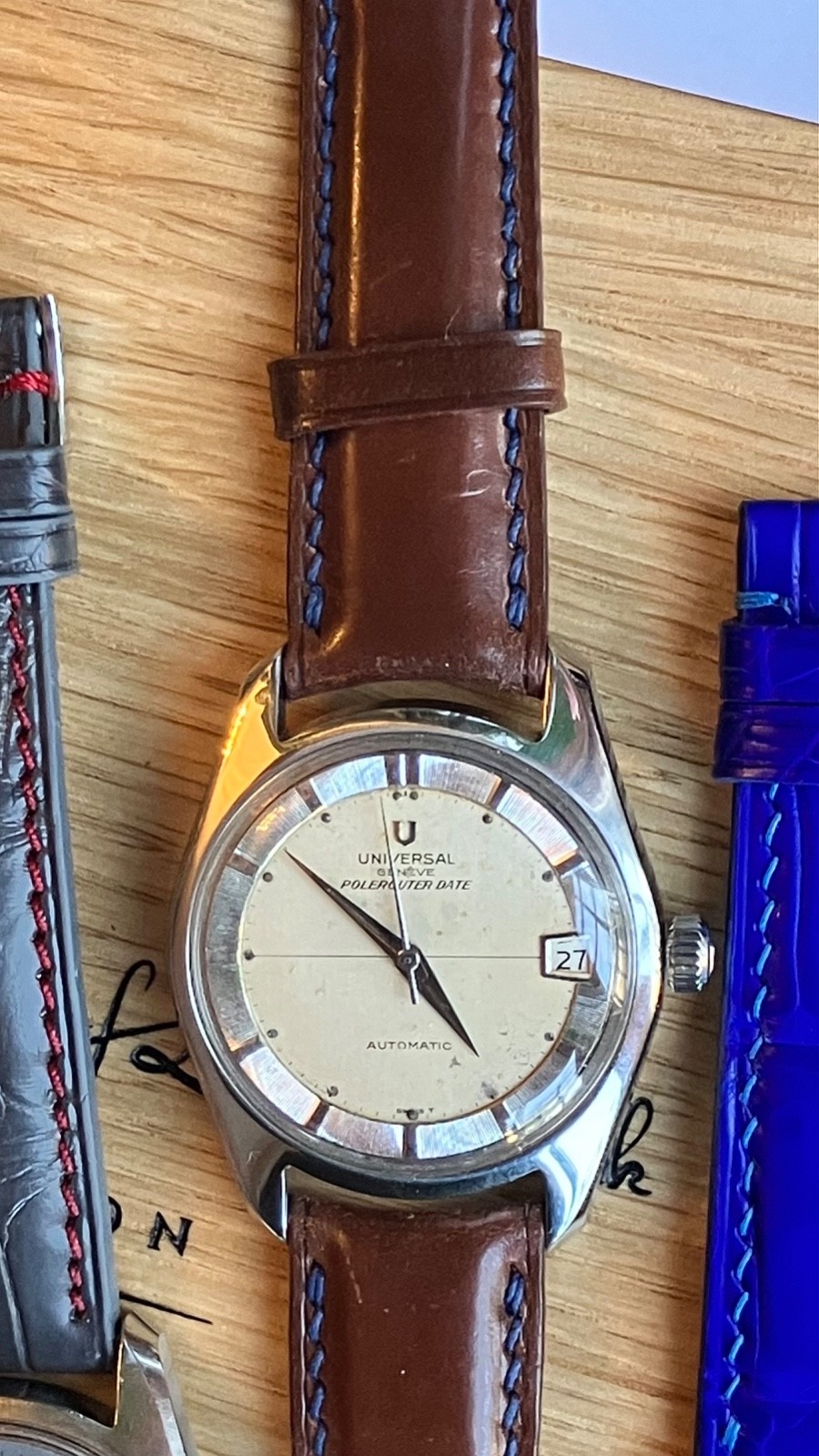 Universal Geneve Polerouter Auto Date ST 35mm case Cream Index dial Strap 1960