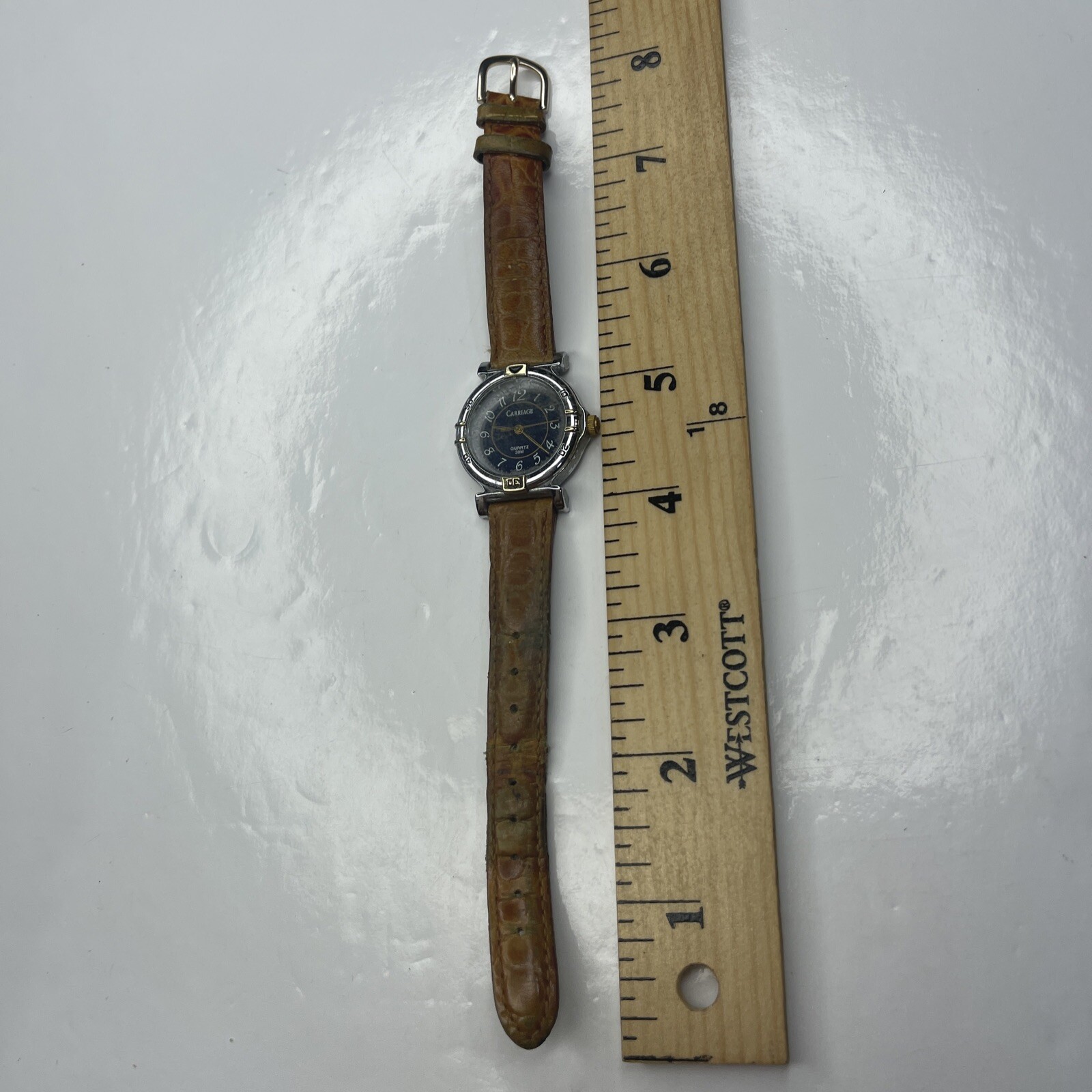 A Carriage Silver Brown Leather Blue WR30M J7 Ladies Watch Untested