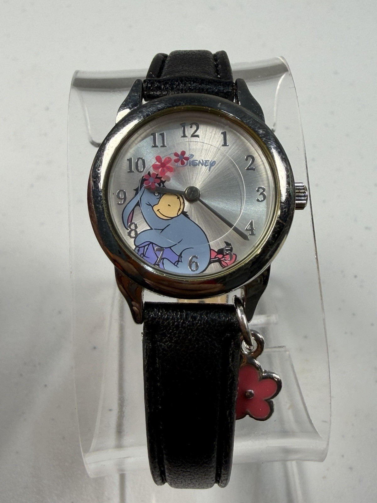 Disney Eeyore Charm Watch Black Leather Strap Quartz 25.6mm Working Japan Movt