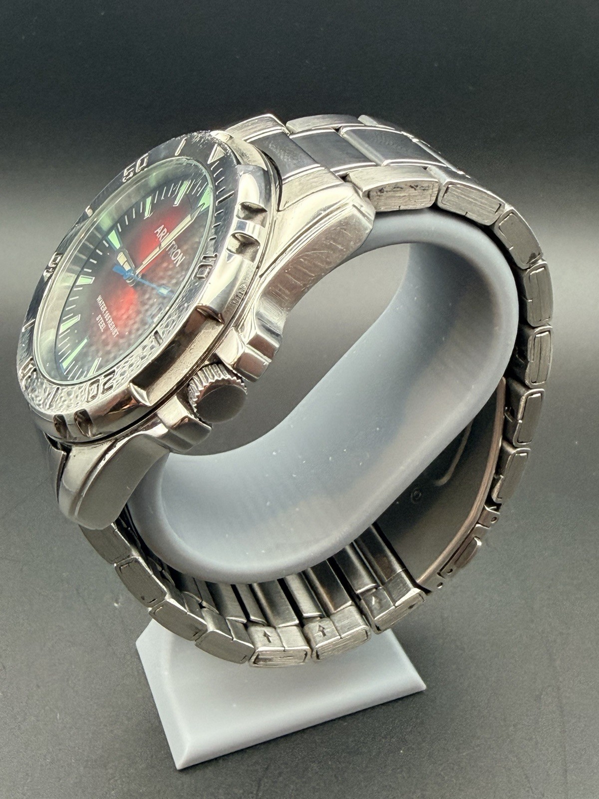 Armitron 20/5494SV Men’s Red Sunburst Dial Stainless Steel Quartz Watch Runs