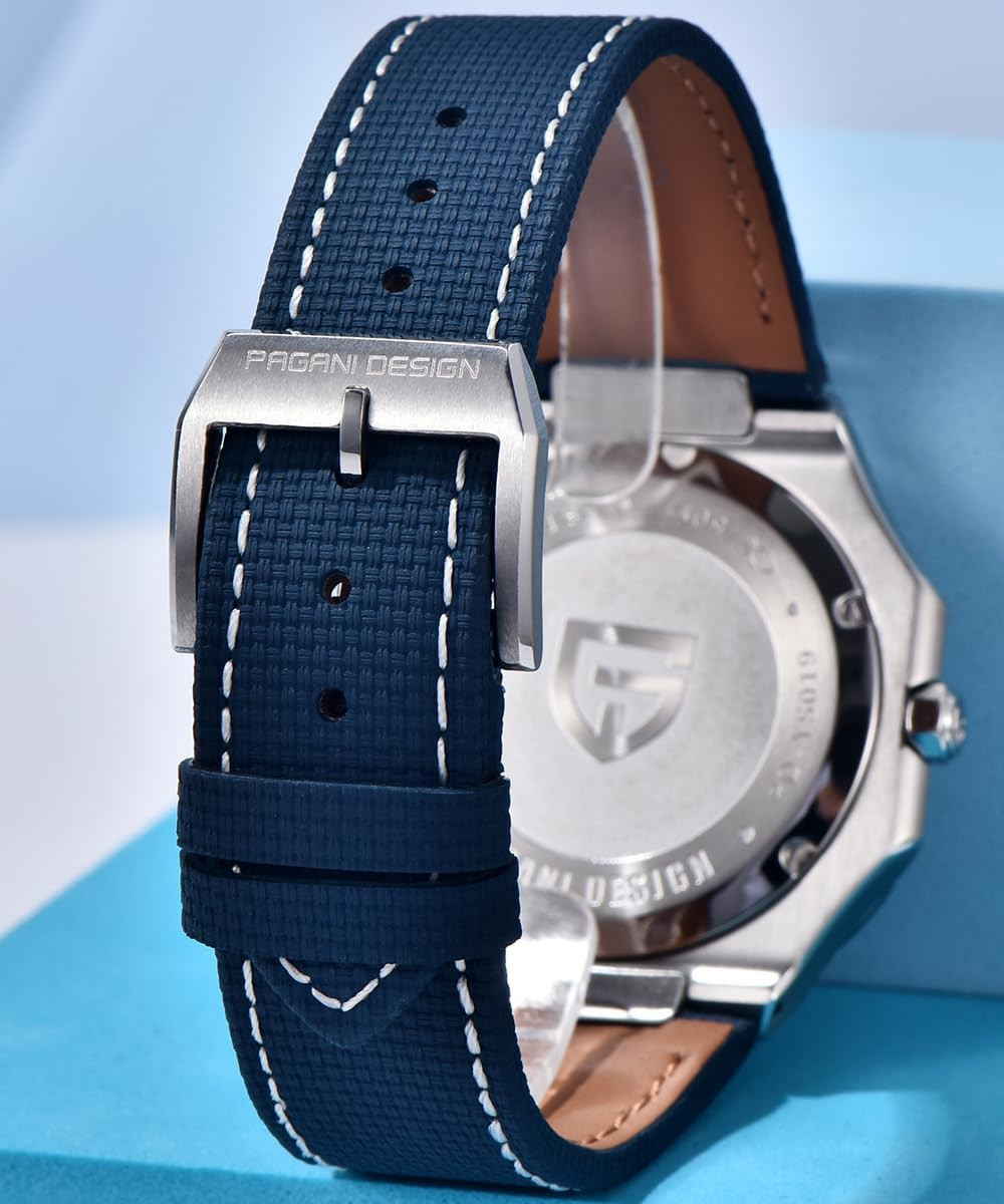 Stylish Octagonal Watch, Sapphire Glass, Silver Case, Navy Leather Band, 37mm