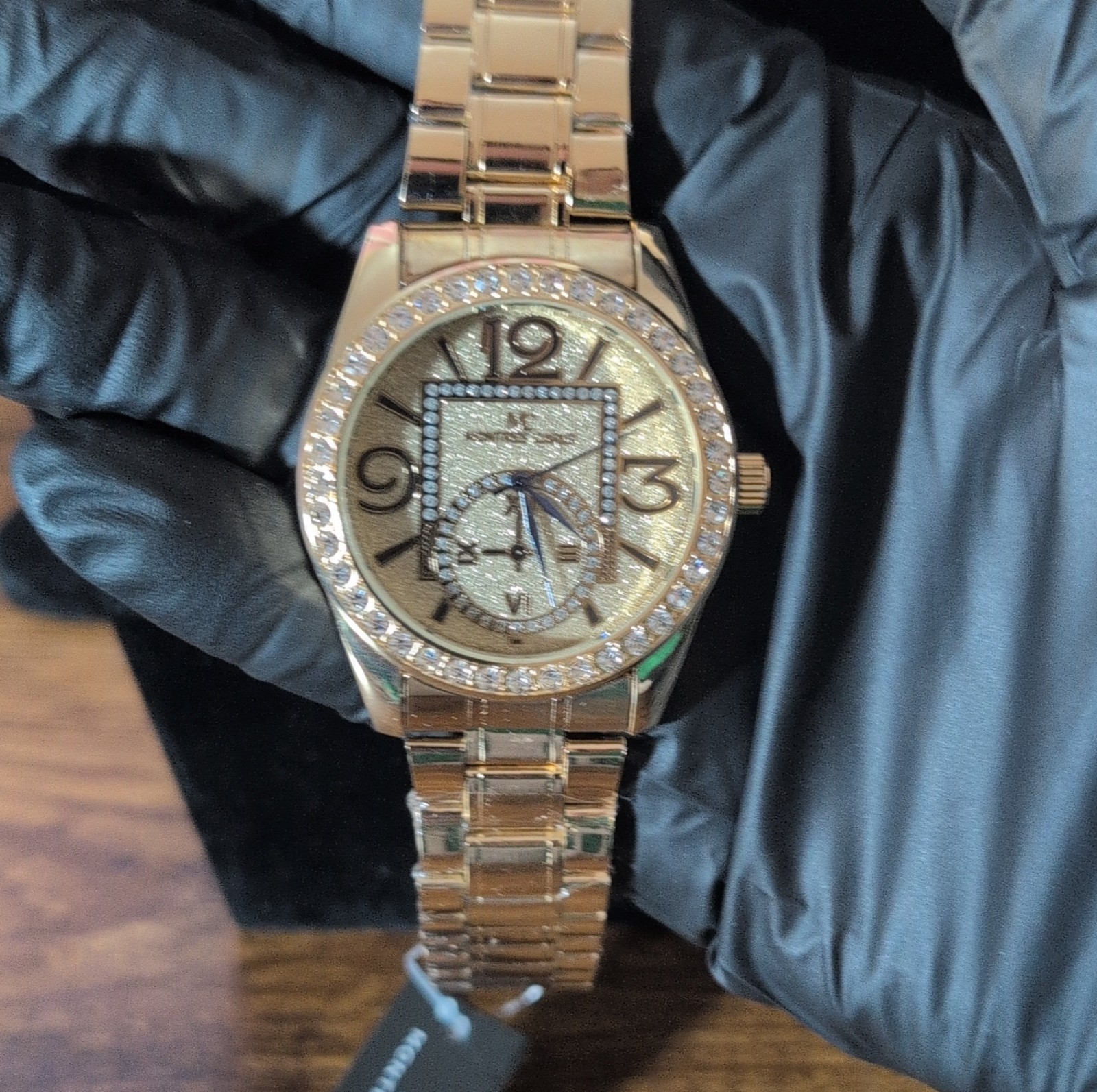 Gold Tone Wristwatch Diamond Pattern Dial Crystal Accents