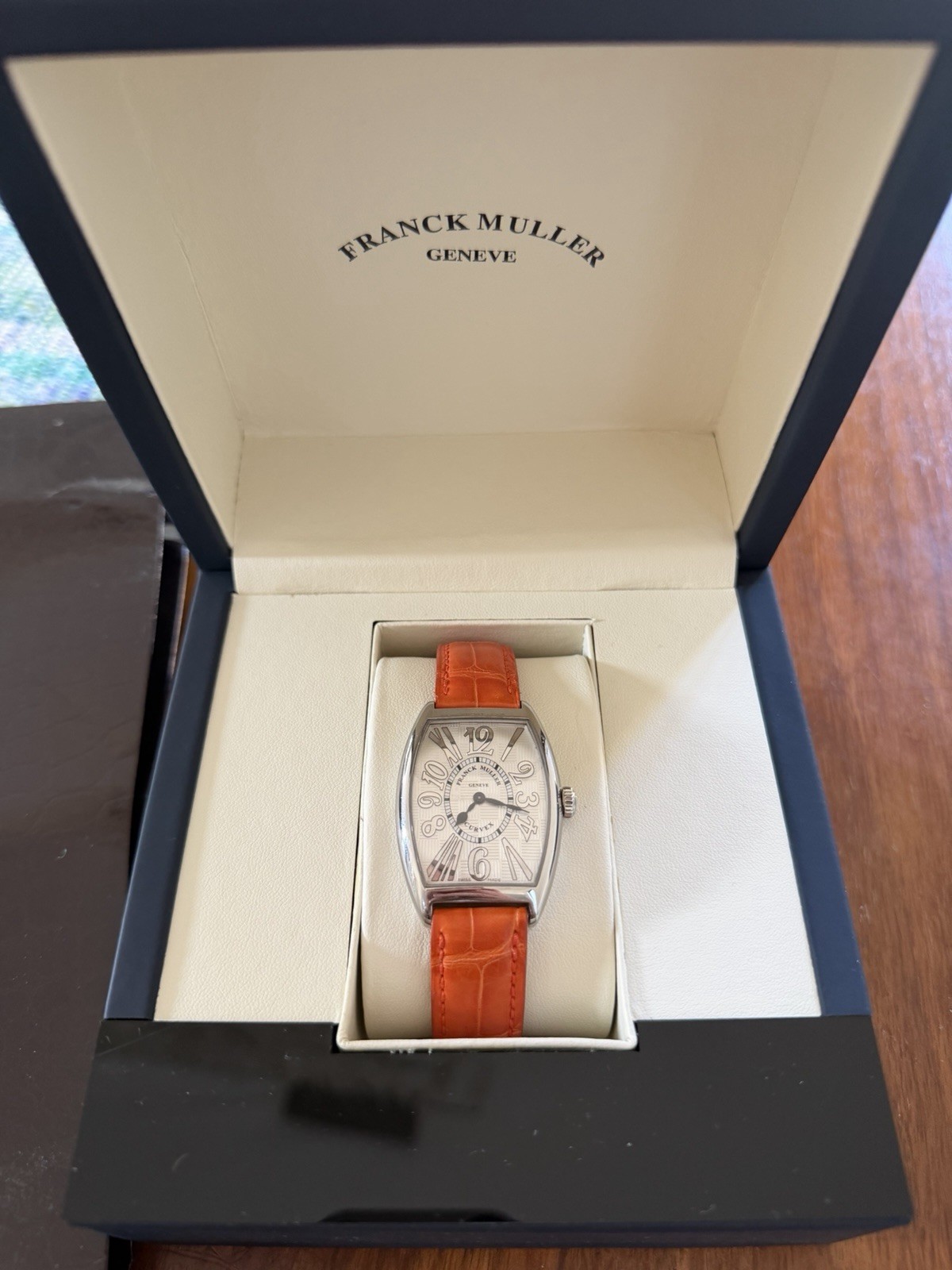 Franck Muller Relief Curvex Automatic Silver Dial Orange Leather Strap Box