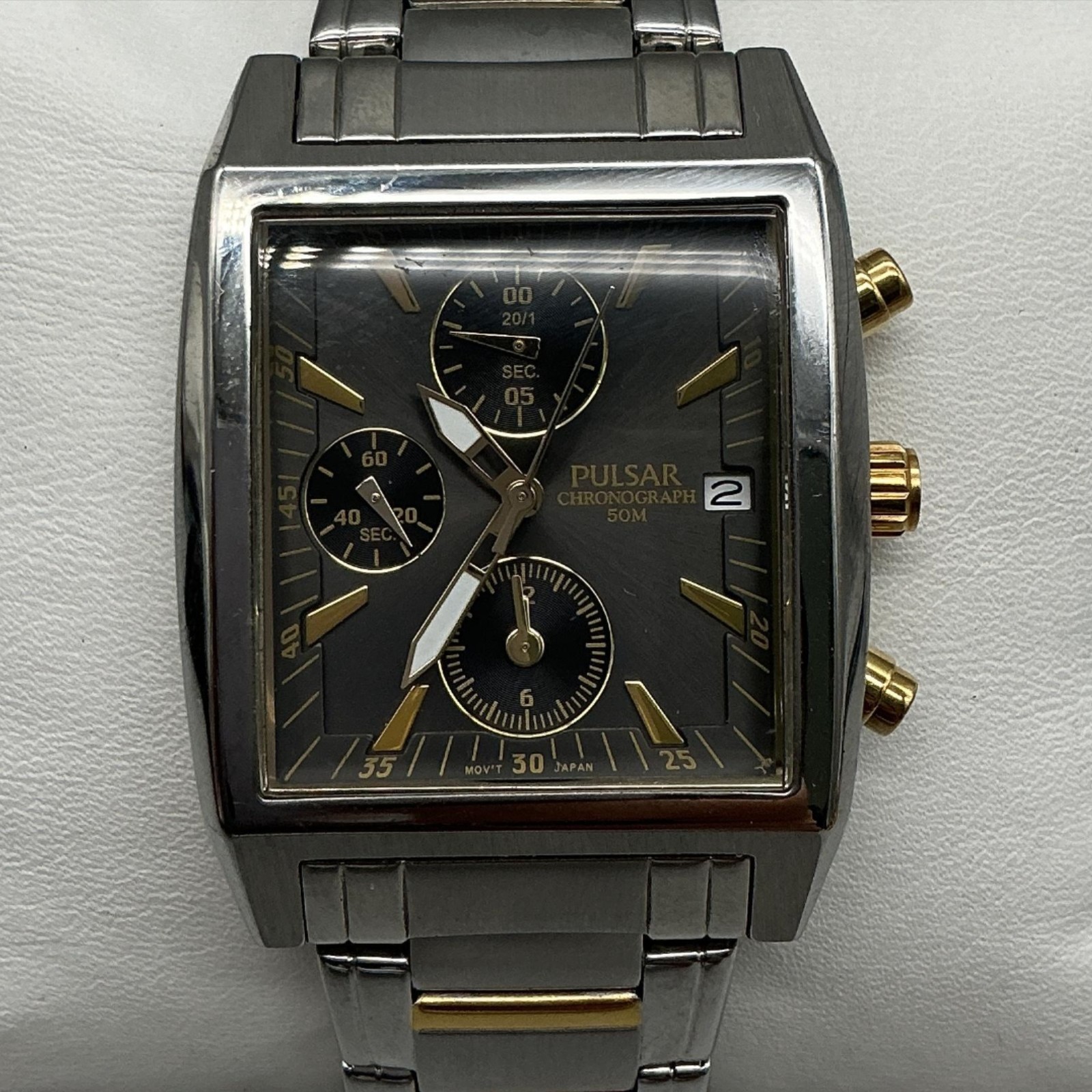 Pulsar YM92-X082 Mens Watch 34mm Chronograph Two Tone Bracelet New Battery 8.25″