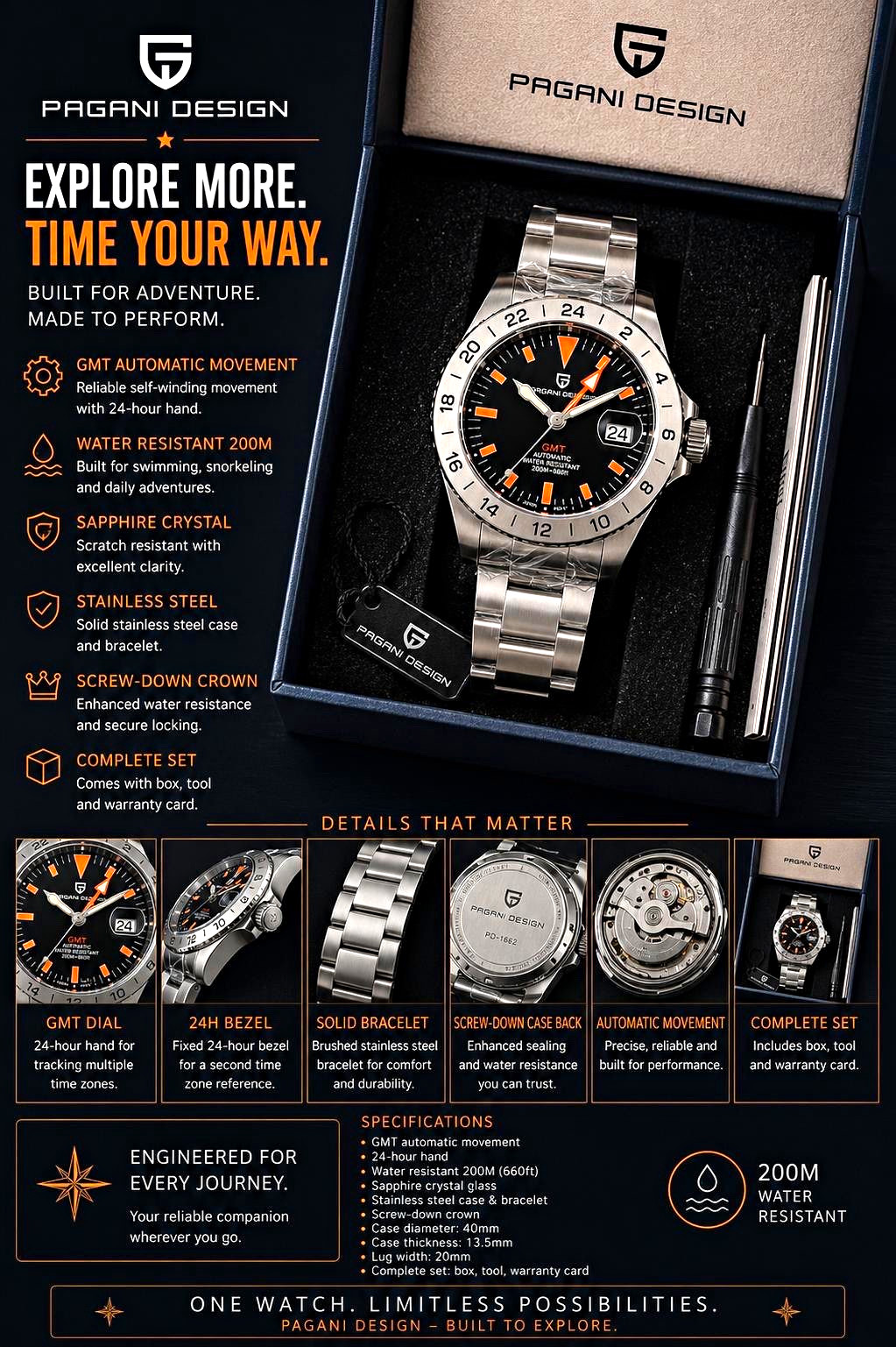 Pagani Design PD-1693 Automatic GMT 200m Sapphire 40mm SS Bracelet